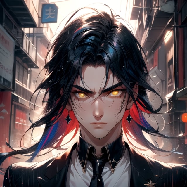 (((1boy))), ((character_name Yugo)), (Male), Tall, handsome_asian_face, ((muscular, big shoulder)), (30 years old), 180 cm height, bad personality, clean forehead, ((wolfcut_hair, long hair)), ((long hair tail)), ((mix blue black hair color)), (mix blue hair), ((yellow pupils)), ((dark skin)), thick eyebrows, handsome face, evil face, cleanshaved, better eyes, clear eyes, details eyes, evil eyes, angry eyes, (scream), sixpack abs, wet,

In the heart of the bustling metropolis of Shanghai, raining, a dark and narrow alley wound its way through the heart of the city's underbelly. This alley, known to few, was a shadowy realm where secrets were traded and alliances were forged in the depths of the night.

standing with Tailored Black Suit, White Dress Shirt, Black Necktie, Black Dress Shoes, Accessories, Dark Trench Coat, 

long red earring,
((body portrait)), fisheye lens, dynamic angle,

depth of field, best quality, high quality, (((masterpiece))), 16k, detailed eyes, symmetrical fingers, symmetrical eyes, Fujifilm X-T3,  1/1250sec at f/2.8,  ISO 160,  84mm, handsome, extremely detailed face, photoshoot, perfecteyes, (masterpiece, best quality), (colorful:1.4), high_color_details,red eyes,High detailed 