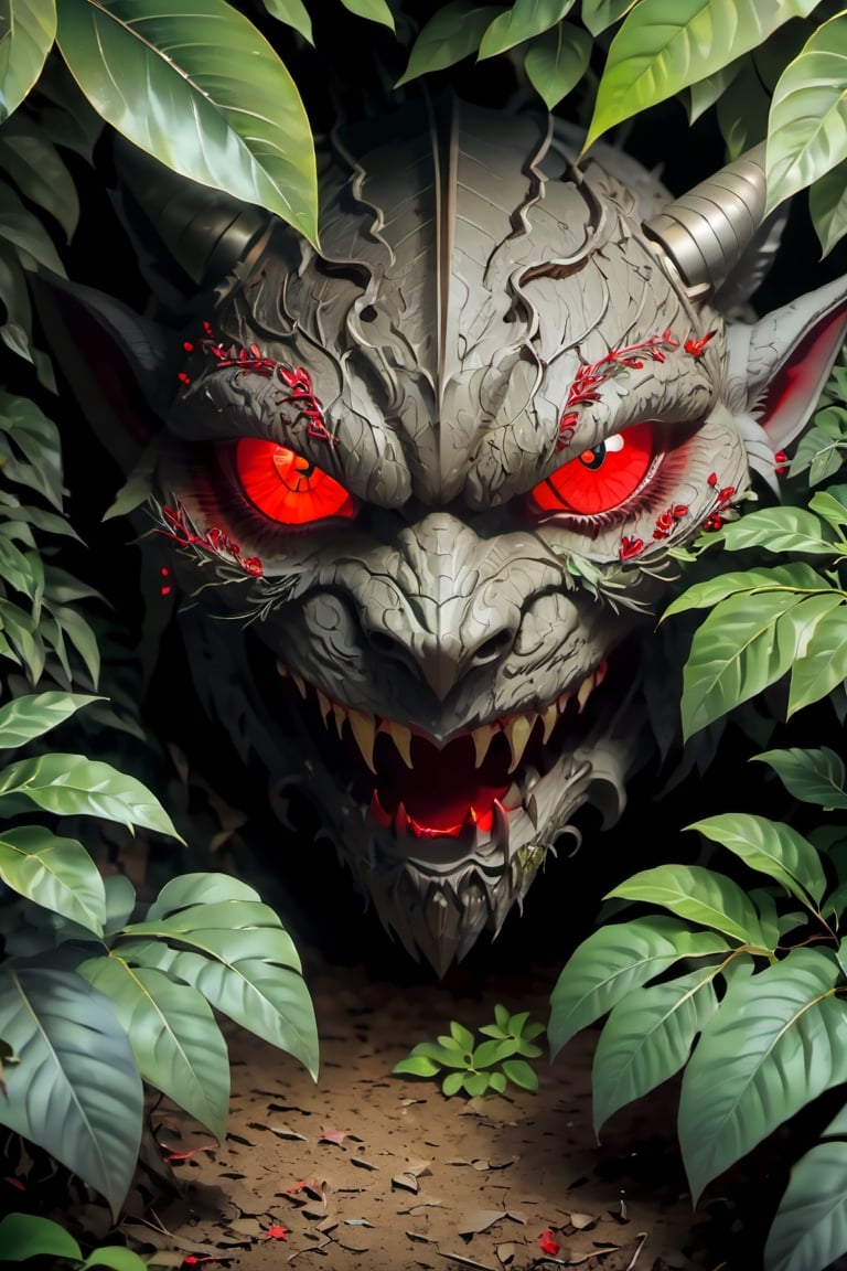 three tiny devil ghost with red eyes hiding inside the bushes under a large tree on a tropical island at night, dark, shadow, horror, paranormal, devil eyes in the bush, just eyes are visible, the creature is hiding in the bushes, ((Photorealistic 2)), Cinematic,  Realistic,(Medium), (Ultra-detailed:1.2), 