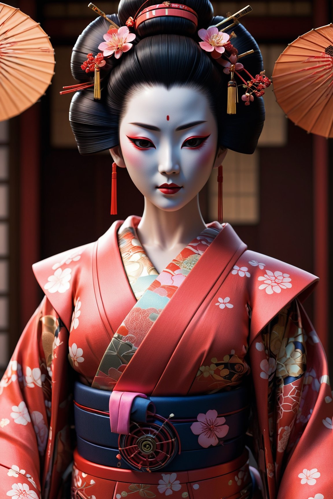 Android, geisha, withroboticparts, inflowerykimono, Intricate details, 8 k, cynematic