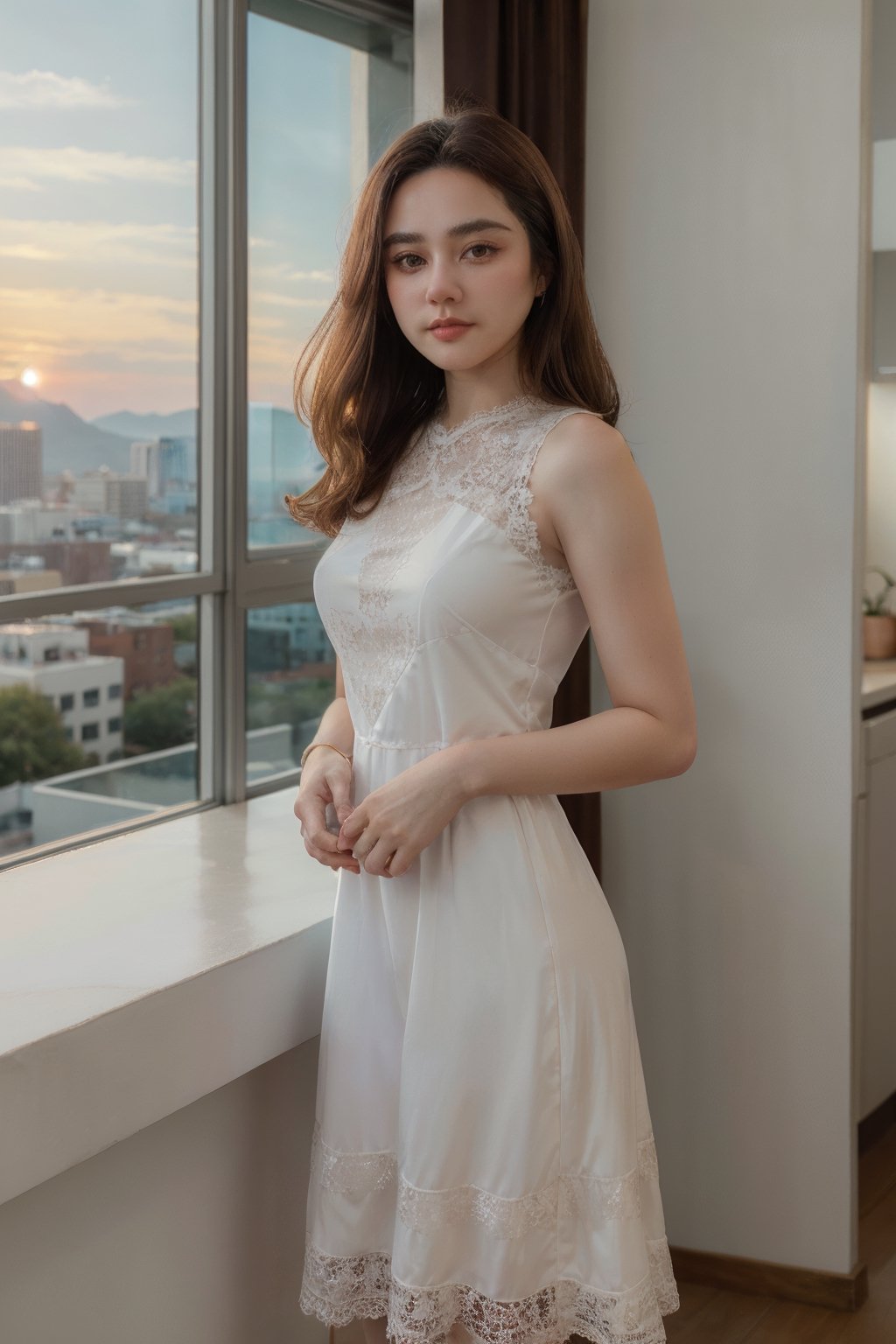 (masterpiece, RAW photo), portrait photo of a trendy beautiful girl standing next to a high rise window, short wavy hair, beautiful white evening dress, lace, intricate, , 50mm, f/1. 4, high detail, sharp focus, cowboy shot, rim light, sunset, 8K UHD,n4mw4n