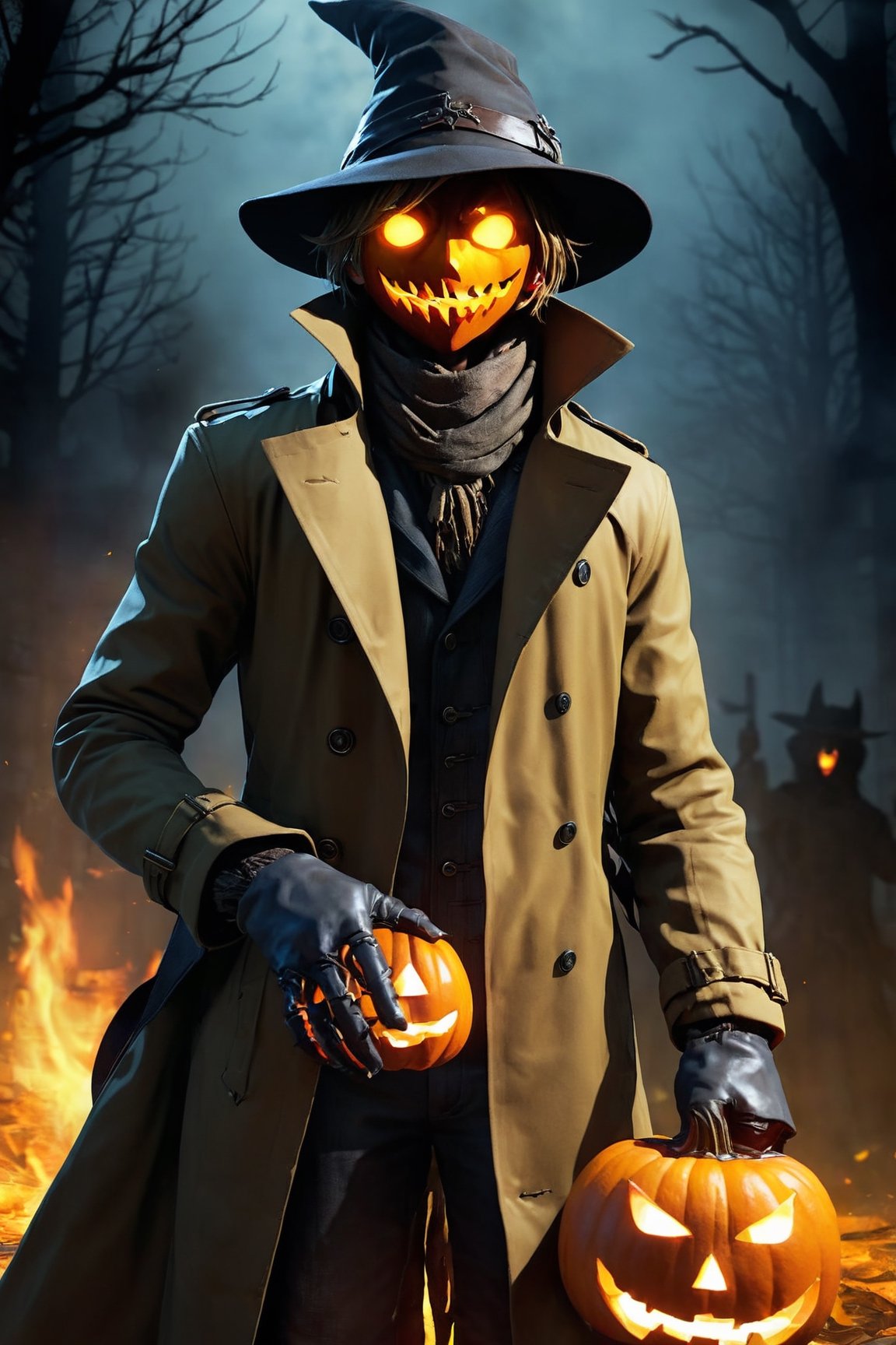 hat, 1boy, male focus, glowing eyes, mask, fire, trench coat, coat, glowing, torn clothes, gloves, hunter \(bloodborne\), yellow eyes,jack-o'-lantern