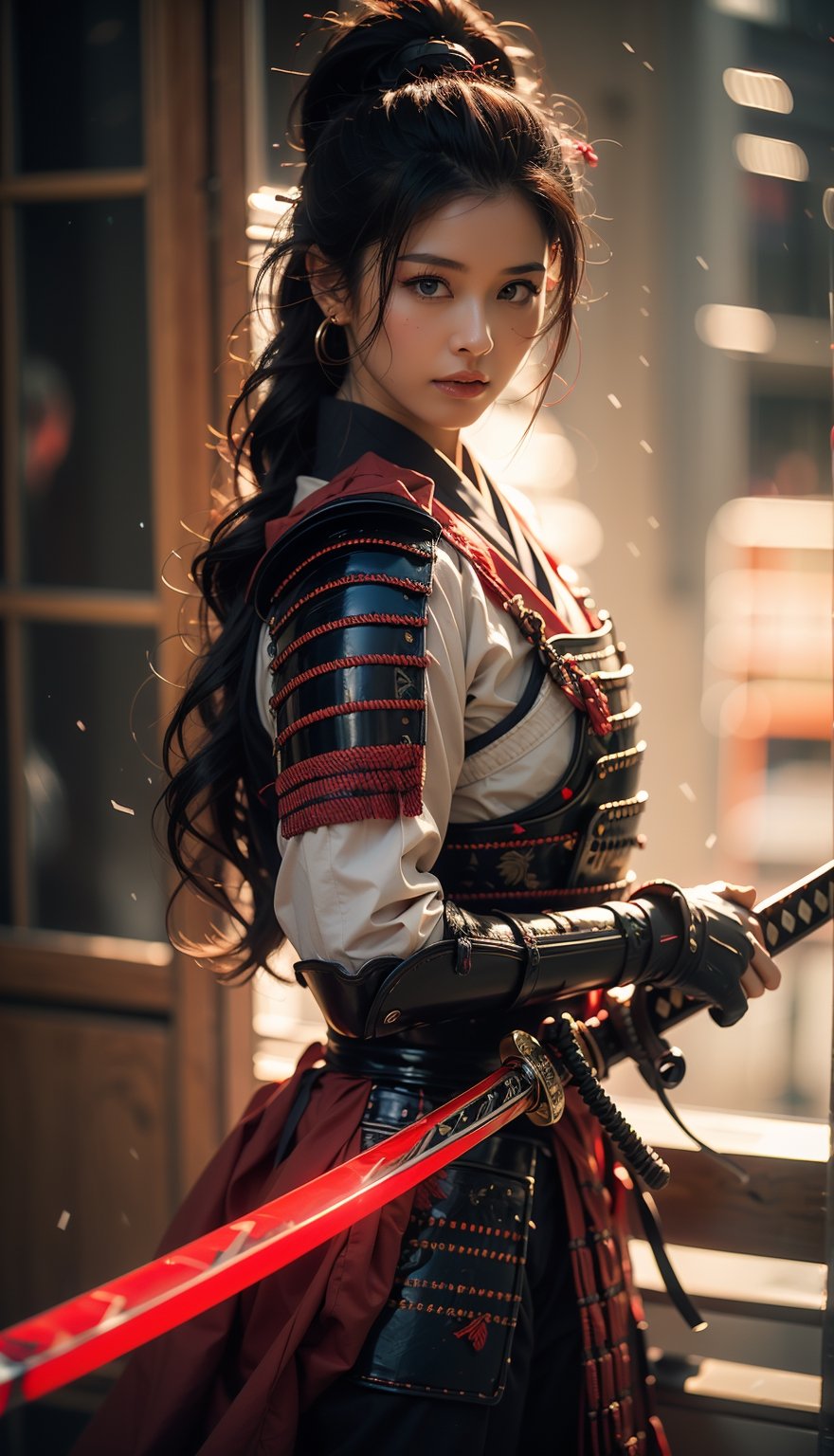 1girl,Sweet,, ,full body ,large breasts,The background is rainy day,cityscape,1 girl,beautiful girl,Female Samurai, Holding a Japanese Sword, shining bracelet,beautiful hanfu(white, transparent),cape, solo, {beautiful and detailed eyes}, calm expression, natural and soft light, delicate facial features,very small earrings, ((model pose)), Glamor body type, (neon hair:1.2),  beehive,long ponytail,very_long_hair, hair past hip, curly hair, flim grain, realhands, masterpiece, Best Quality, photorealistic, ultra-detailed, finely detailed, high resolution, perfect dynamic composition, beautiful detailed eyes, eye smile, ((nervous and embarrassed)), sharp-focus, full_body, sexy pose,cowboy_shot,Samurai girl,glowing forehead,lighting, Japanese Samurai Sword (Katana)