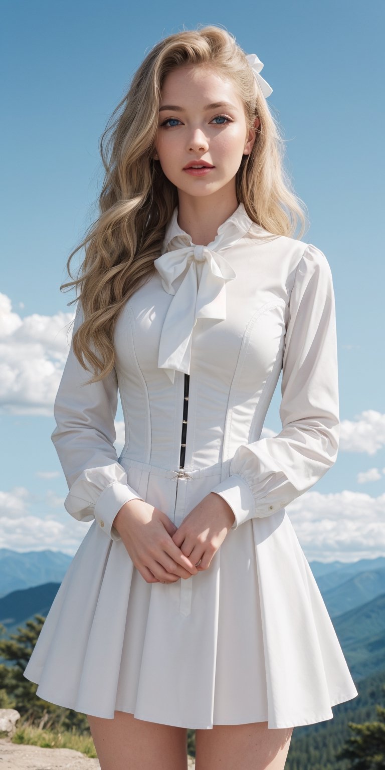 1girl, solo, long hair, looking at viewer, blue eyes, skirt, blonde hair, shirt, long sleeves, dress, ribbon, holding, jewelry, closed mouth, standing, hair ribbon, white shirt, outdoors, sky, day, cloud, blue sky, lips, wavy hair, blouse, corset, mountain,