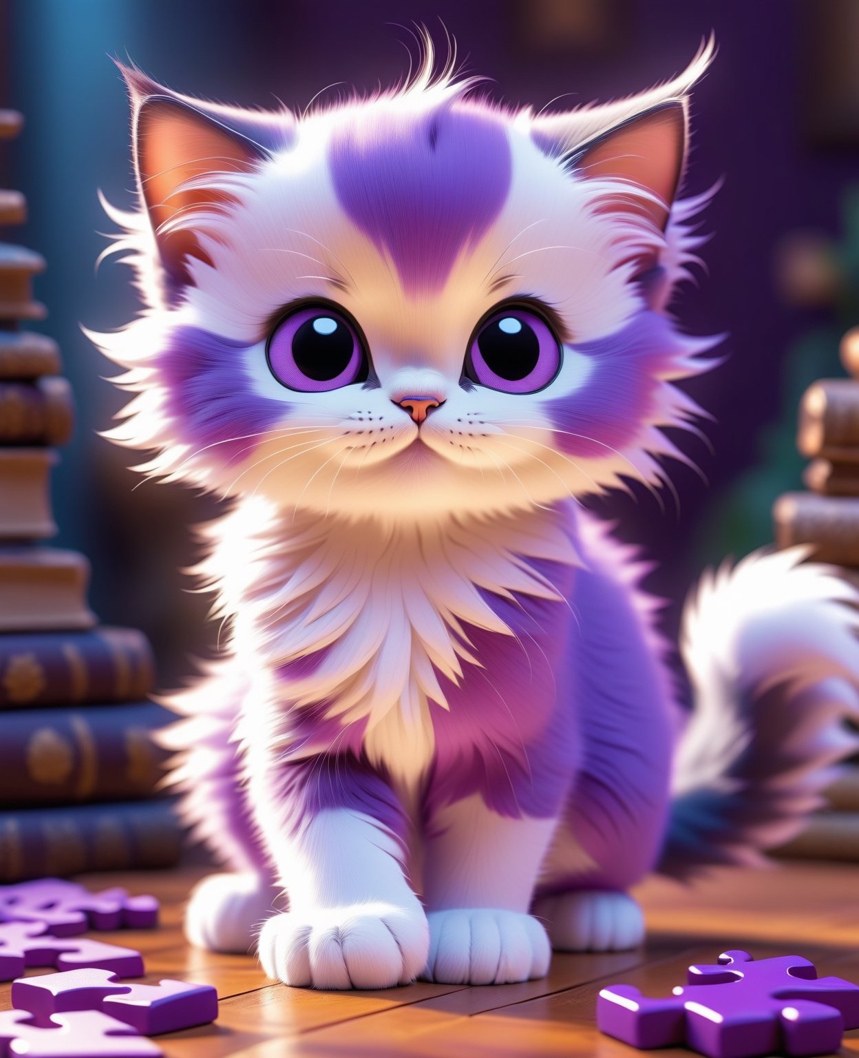 Adorable playful light purple kitten playing a puzzle, with fluffy tail and curious paws, by Cute Animation Studios, cute illustration, clean and enchanting dark violet background,