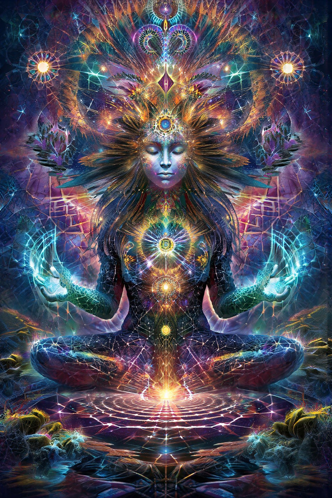 this person sits in a different dimension  as they have  transcended their ego mind  opens up to the spirit realm surrounding them. human in meditation, fractals, vivid color, "Visionary art is art that purports to transcend the physical world and portray a wider vision of awareness including spiritual or mystical themes, or is based in such experiences." , psychedelic visionary art ,spirits,spirit guides,DMT Environment . Shamanic visions , ayahuasca visions . Spirit realm, metaphysical realm, esoteric,style, full body human,medium shot, perfect anatomy , psychedelic landscape surrounding the person ,environment overlayed with ripples of fractal energy (masterpiece, best quality, ultra-detailed), (perfect hands, perfect anatomy), High detailed, detailed background, anatomically correct, beautiful face, detailed hands, perfect eyes, expressive eyes, score_9, score_8_up, score_7_up, best quality, masterpiece, 4k,visionary art,ULTIMATE LOGO MAKER [XL],bl4ckl1ghtxl, by Jonathan Solter and Fabian Jimenez,ElohProjects, simon haiduk