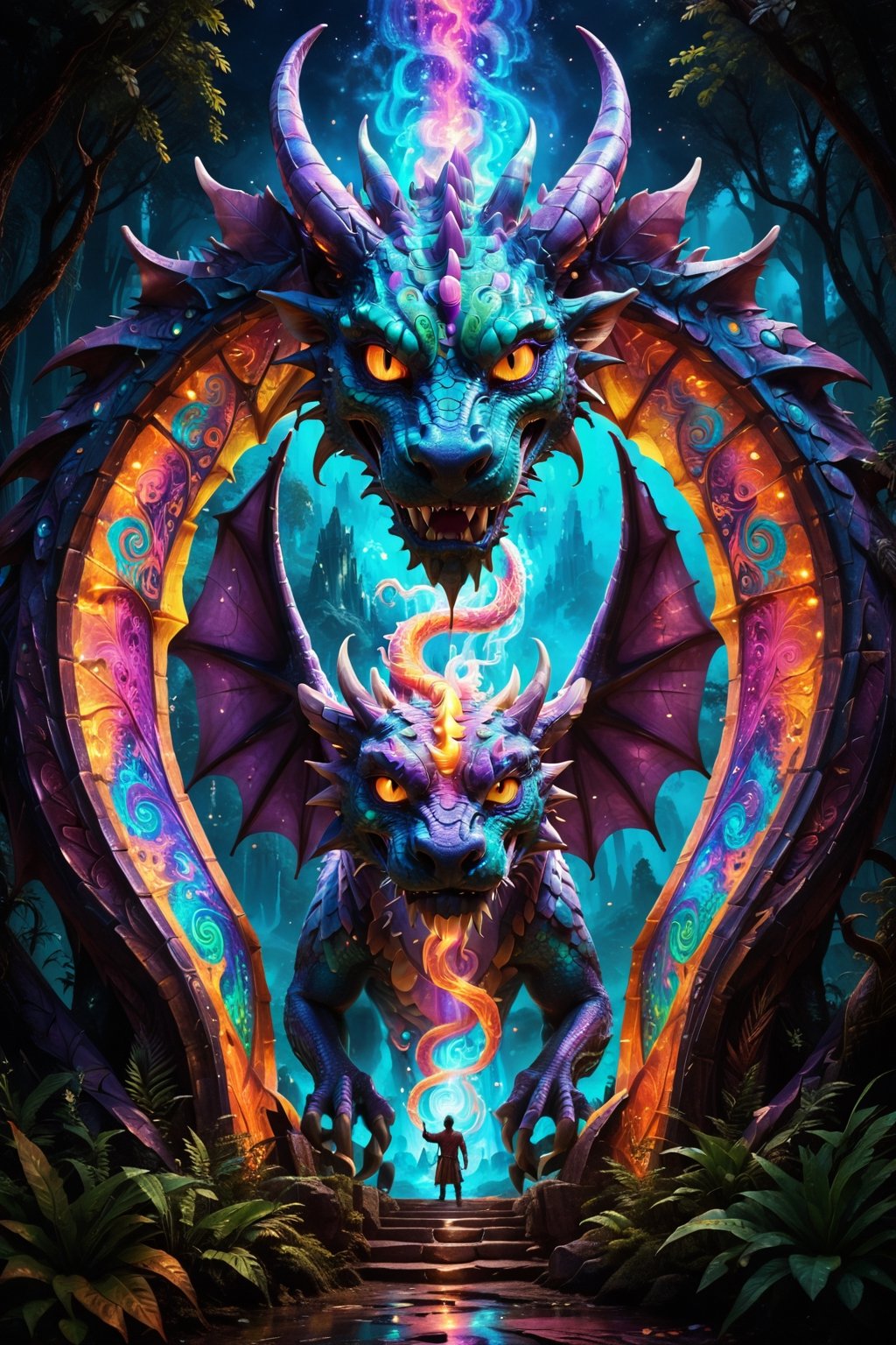 a massive dragon made of light and comsic energy guards the gates to another realm a wanderer stand before the dragon seeking passage , the spirit realm overlays the pysical realtiy  surrounding the wanderer , . , fractals, vivid color, 
"Visionary art style , psychedelic visionary art ,animal spirits, ,spirits,spirit guides,. Shamanic visions ,(the dragons body is not pysical it is transparent light energy )  . Spirit realm, metaphysical realm, esoteric,style, full body human,medium shot, perfect anatomy , psychedelic landscape surrounding the person , (masterpiece, best quality, ultra-detailed), (perfect hands, perfect anatomy), High detailed, detailed background, anatomically correct, beautiful face, detailed hands, perfect eyes, expressive eyes, score_9, score_8_up, score_7_up, best quality, masterpiece, 4k,visionary art,ULTIMATE LOGO MAKER [XL],bl4ckl1ghtxl,visionary art style