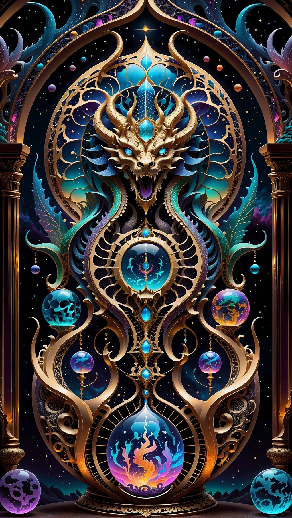 beautiful cosmic dragon that lives in skull of a god, chaos energy that forms a elegant hourglass and balanced scales,dragon , skulls,cosmic, nebulous soliloquy with psychatronic interface with god,transparent caustics,epic composition,universal energy, uv pastel colours, sacred geometry,, uv edges,neon, transparent background,elegant,  is centered with empty space as a boarder, high contrast, ultra detailed, not over complex, hour glass of the universe , scales to weigh souls , trippy, uv, neon. Hourglass of time and space with worlds that tells a story inside, uv highlights, ((psychedelic visionary art style))