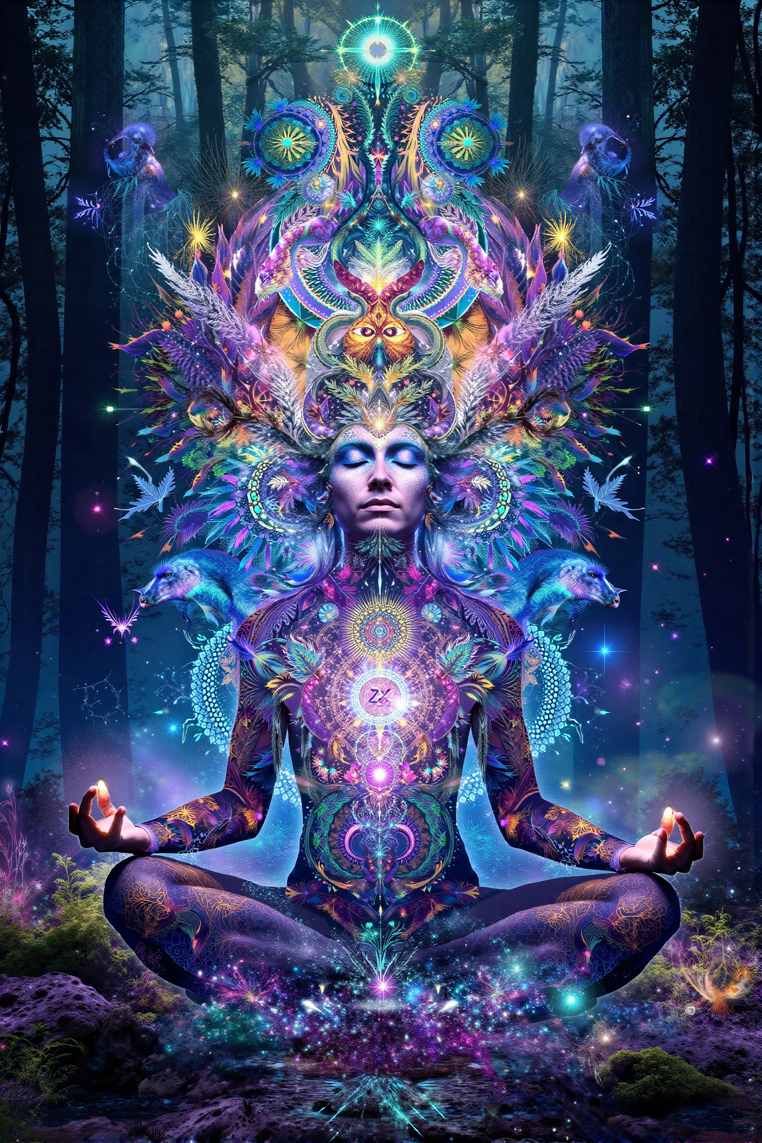 this person sits in a forest and transcends their ego mind and opens up to the spirit realm surrounding them. human in meditation, fractals, vivid color, "Visionary art is art that purports to transcend the physical world and portray a wider vision of awareness including spiritual or mystical themes, or is based in such experiences." , psychedelic visionary art ,animal spirits, ,spirits,spirit guides, , . Shamanic visions , ayahuasca visions . Spirit realm, metaphysical realm, esoteric,style, full body human,medium shot, perfect anatomy , psychedelic landscape surrounding the person , (masterpiece, best quality, ultra-detailed), (perfect hands, perfect anatomy), High detailed, detailed background, anatomically correct, beautiful face, detailed hands, perfect eyes, expressive eyes, score_9, score_8_up, score_7_up, best quality, masterpiece, 4k,visionary art,ULTIMATE LOGO MAKER [XL],bl4ckl1ghtxl