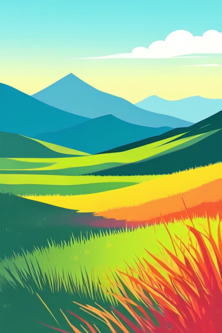 Flat art , 6 colors. Heavy line weight. Illustration scene  of a grassland with mountains in the distance environment. Simplistic.  Minimalistic.  Vibrant color.  no shading . No highlights . Flat art