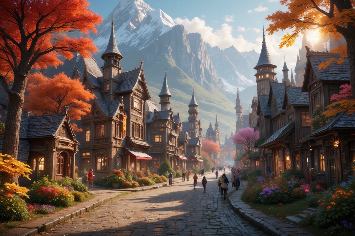  Beautiful Elven university and storybook cottages and shops  in a Fantasy Elven Village in autumn , mountains and waterfalls in the distance,Cobblestone road,atmospheric sun rays, gnomes elf villagers walking around,Trees, Hyperdetailed, colourful, digital Concept art, done on procreate,lightroom, Renaissance architecture, Lovely, Picturesque, Art by Eddie Mendoza, Studio Ghibli, Geometric Jean-baptiste Monge, Ivan Shishkin, Jordan Grimmer, An Jung-Hwan, yoann lossel, marc simonetti, HD, 8k,