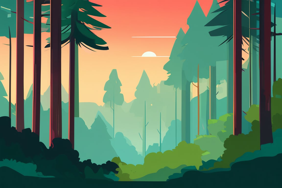 Flat art , 6 colors. Heavy line weight. Illustration scene of a old growth forest environment. Simplistic. Minimalistic.  Vibrant color. no shading . No highlights . Flat art