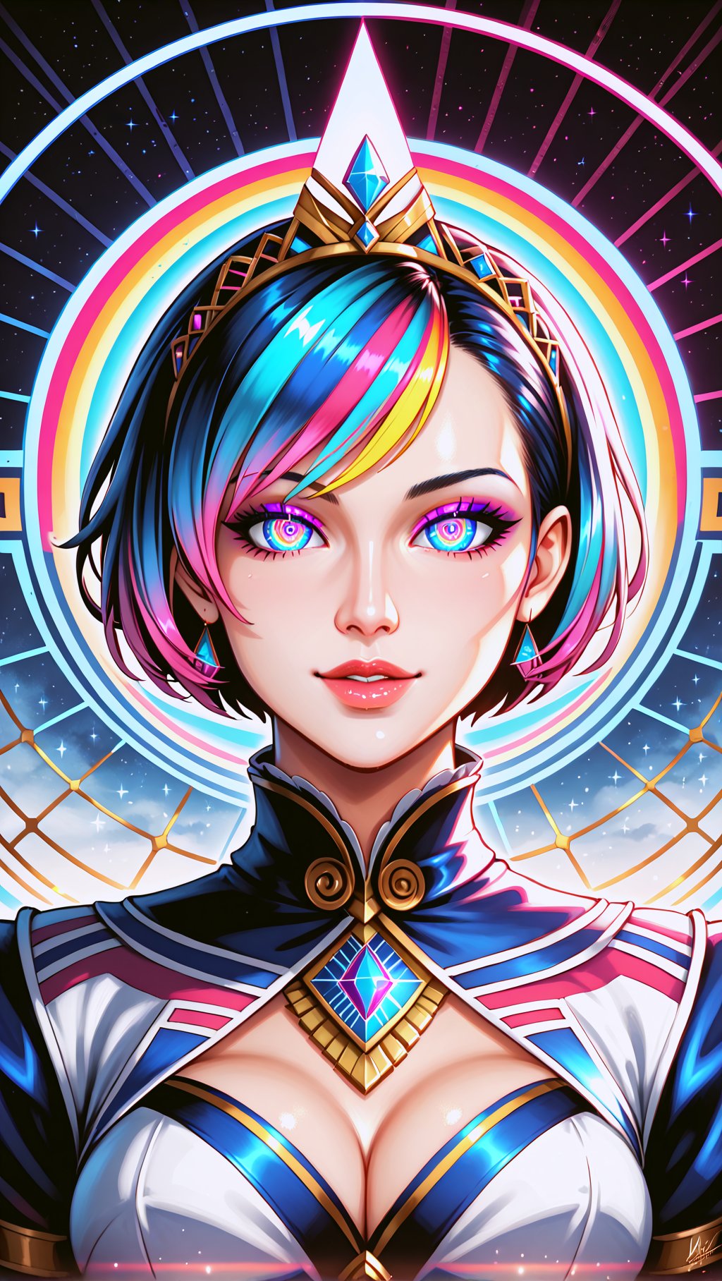 Ancient Elegant astral Goddess of love and magic by Anna Dittmann,and  android jones. Vibrant, visionary art, visionary art,hyper detailed,short pixie hair,short hair, pixie haircut, beautiful intricate detailed garment design,elegant headpiece, perfected facial detail, medium shot, strait forward pose, looking directly into viewer,  detailed eyes, natural lighting, epic composition, dynamic image, with feeling of desire and Majesty, uv color highlights, uv highlights colors, symmetrical image .center composition.symmetrical,over layers of sacred geometry, energy ribbons, psychedelic elements,Geometric Halftone,geometric patterns, sacred geometry,magical energy,visionary,Psychedelic, HDR,HD,sharp focus, ultra detail,high detail, dynamic, epic composition, visionary art ,,uv highlights,neon edges, high detail, ,sharp focus,   hd, rich tones (perfect hands, perfect anatomy), High detailed, detailed background, anatomically correct,
 . Spirit realm, metaphysical realm, esoteric,style , psychedelic landscape  , (masterpiece, best quality, ultra-detailed), (perfect hands, perfect anatomy), High detailed, detailed background, anatomically correct , beautiful face, detailed hands, perfect eyes, expressive eyes, score_9, score_8_up, score_7_up, best quality, masterpiece, 4k,visionary art,ULTIMATE LOGO MAKER [XL],bl4ckl1ghtxl,dd4ught3r,Sexy Girl score_9_up,extremely detailed,concept,Sexy Girl