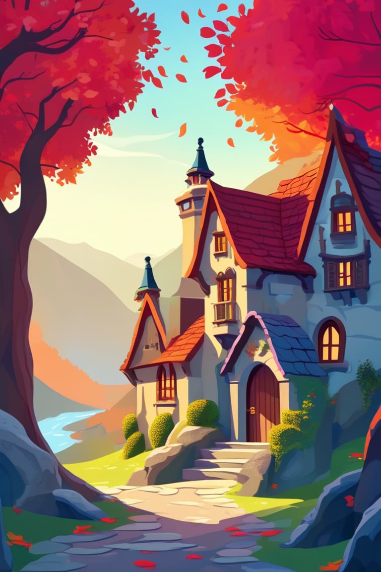 Flat art , 6 colors. Heavy line weight. Illustration scene Beautiful Elven storybook cottage in a Fantasy Elven Village in autumn , mountains and waterfalls in the distance,Cobblestone road,atmospheric sun rays,  colourful,  Renaissance architecture, Lovely, Picturesque,   environment. Simplistic.  Minimalistic.   Spider webs. Vibrant color.  no shading . No highlights . Flat art