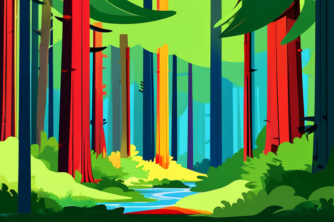 Flat art , 3 colors. Heavy line weight. Illustration scene  of a old growth forest  environment. Simplistic.  Minimalistic.    Vibrant color.  no shading . No highlights . Flat art