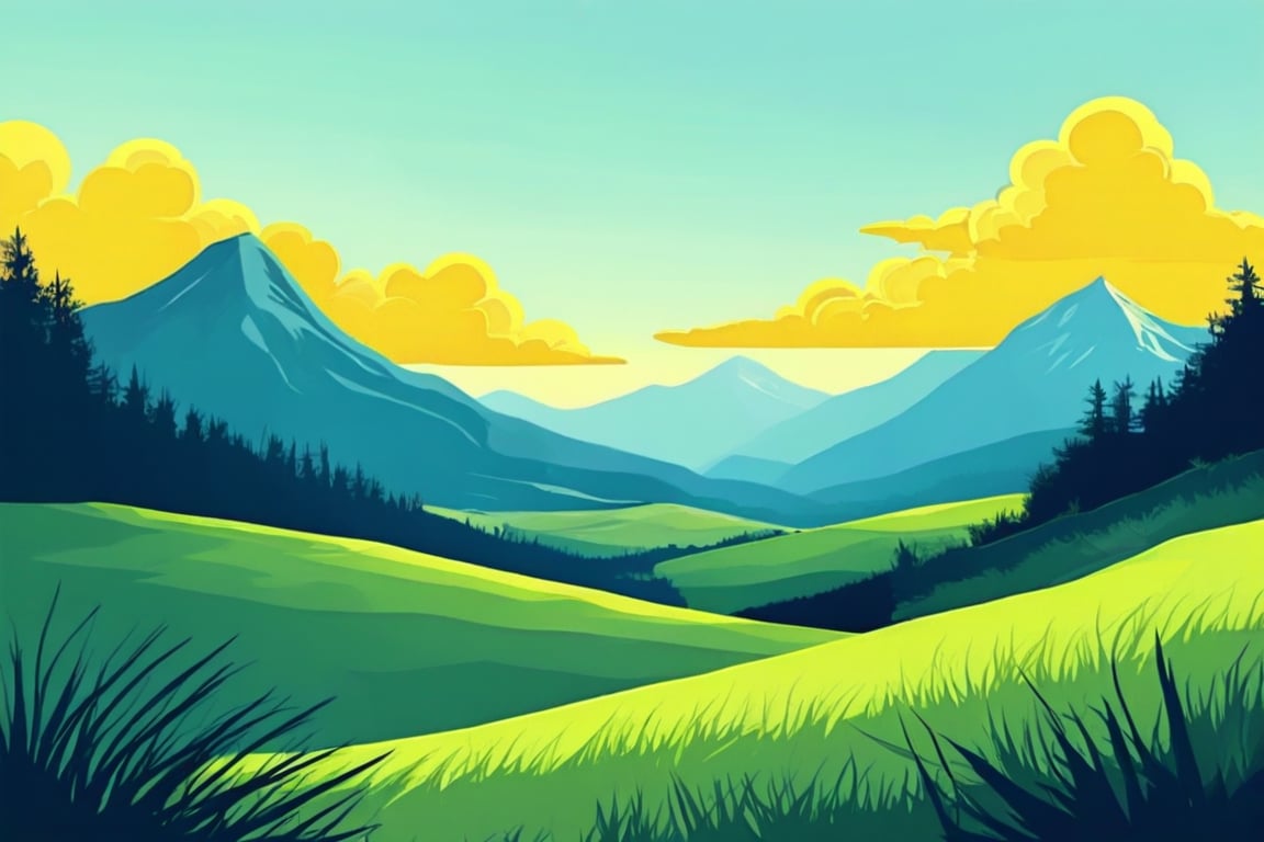 Flat art , 6 colors. Heavy line weight. Illustration scene  of a grassland with mountains in the distance environment. Simplistic.  Minimalistic.    Vibrant color.  no shading . No highlights . Flat art