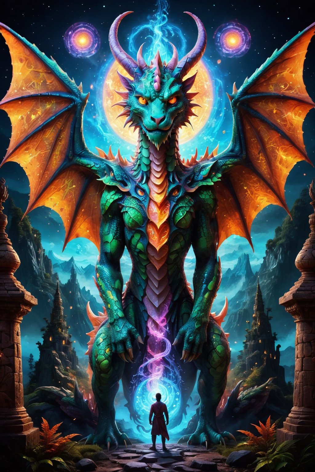 a massive dragon made of light and comsic energy guards the gates to another realm a wanderer stand before the dragon seeking passage , the spirit realm overlays the pysical realtiy  surrounding the wanderer , . , fractals, vivid color, 
"Visionary art style , psychedelic visionary art ,animal spirits, ,spirits,spirit guides,. Shamanic visions ,(the dragons body is not pysical it is transparent light energy )  . Spirit realm, metaphysical realm, esoteric,style, full body human,medium shot, perfect anatomy , psychedelic landscape surrounding the person , (masterpiece, best quality, ultra-detailed), (perfect hands, perfect anatomy), High detailed, detailed background, anatomically correct, beautiful face, detailed hands, perfect eyes, expressive eyes, score_9, score_8_up, score_7_up, best quality, masterpiece, 4k,visionary art,ULTIMATE LOGO MAKER [XL],bl4ckl1ghtxl,visionary art style