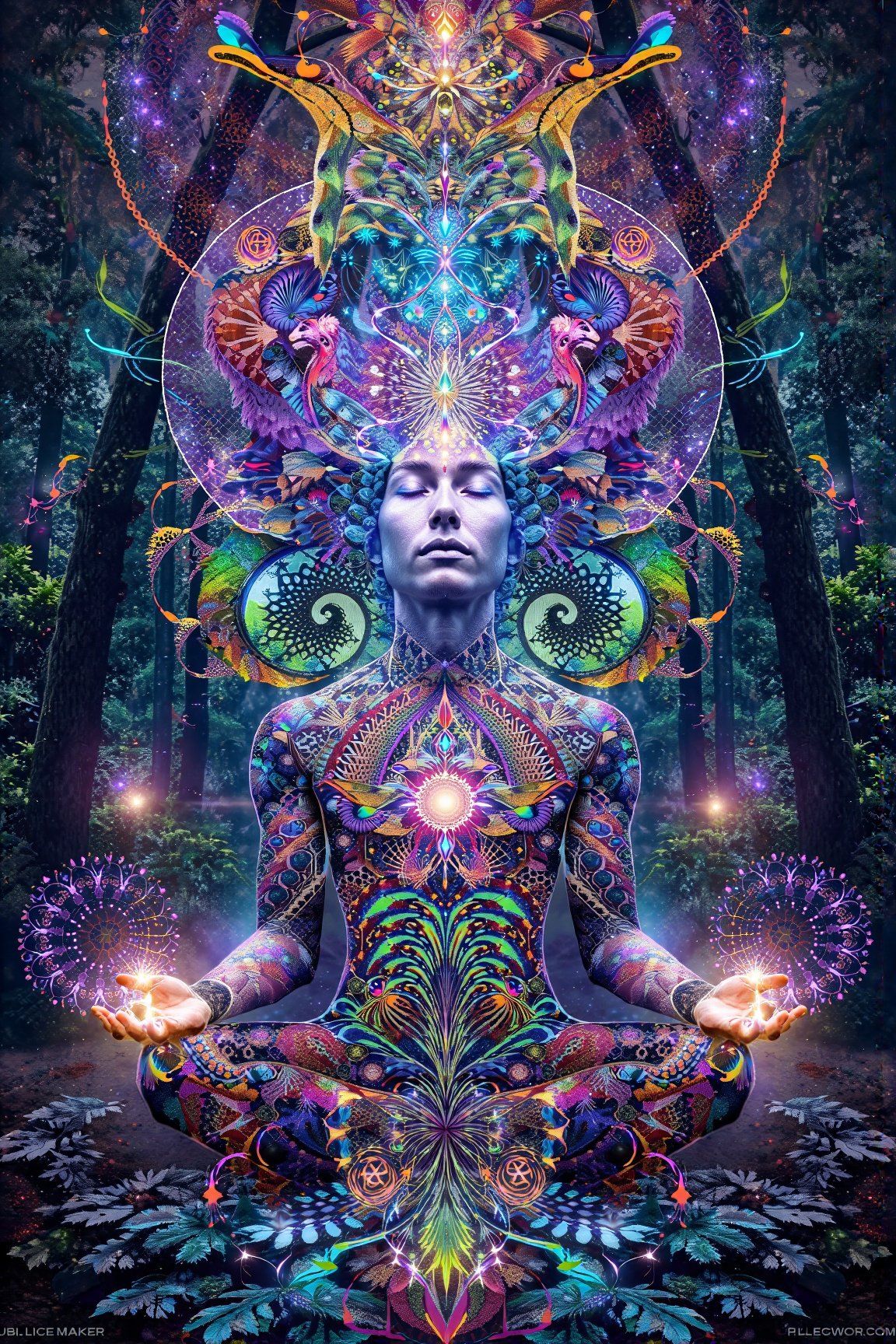 this person sits in a forest and transcends their ego mind and opens up to the spirit realm surrounding them. human in meditation, fractals, vivid color, "Visionary art is art that purports to transcend the physical world and portray a wider vision of awareness including spiritual or mystical themes, or is based in such experiences." , psychedelic visionary art ,animal spirits, ,spirits,spirit guides, , . Shamanic visions , ayahuasca visions . Spirit realm, metaphysical realm, esoteric,style, full body human,medium shot, perfect anatomy , psychedelic landscape surrounding the person , (masterpiece, best quality, ultra-detailed), (perfect hands, perfect anatomy), High detailed, detailed background, anatomically correct, beautiful face, detailed hands, perfect eyes, expressive eyes, score_9, score_8_up, score_7_up, best quality, masterpiece, 4k,visionary art,ULTIMATE LOGO MAKER [XL],bl4ckl1ghtxl