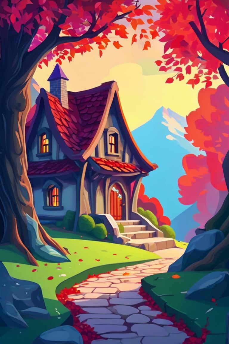 Flat art , 6 colors. Heavy line weight. Illustration scene Beautiful Elven storybook cottage in a Fantasy Elven Village in autumn , mountains and waterfalls in the distance,Cobblestone road,atmospheric sun rays,  colourful,  Renaissance architecture, Lovely, Picturesque,   environment. Simplistic.  Minimalistic.   Spider webs. Vibrant color.  no shading . No highlights . Flat art