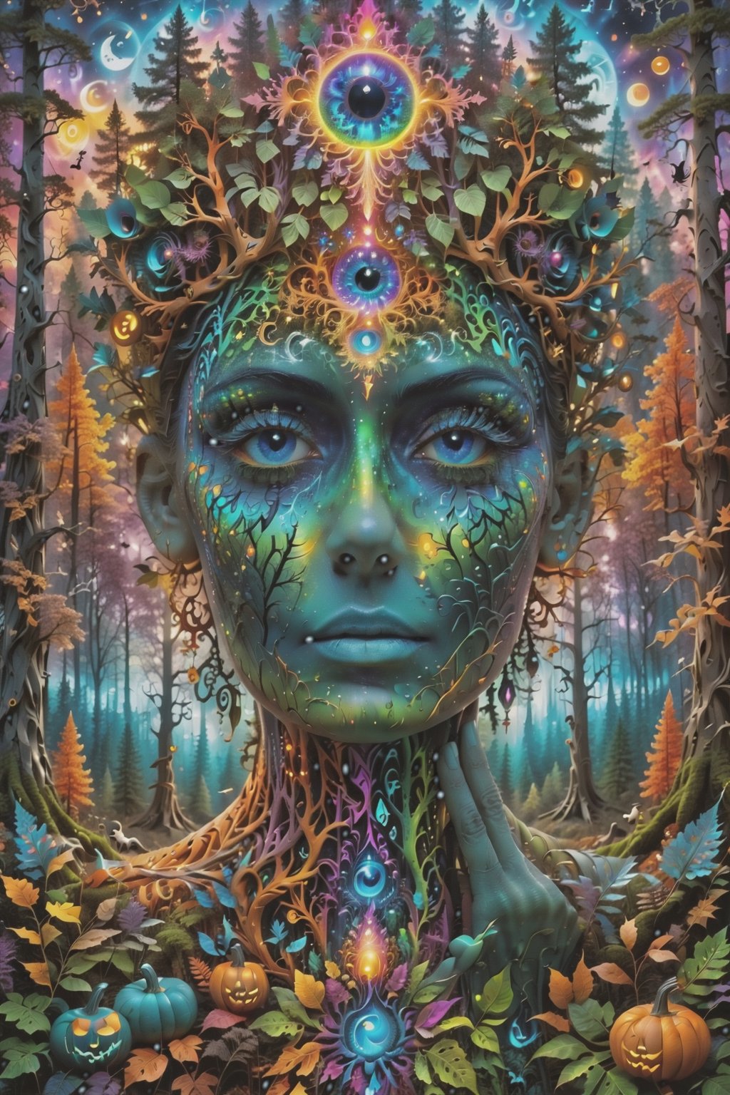 a forest of transcendence that opens up to the surroundings breaking down physical reality into the spirit realm . , fractals, vivid color, 
 . Spirit realm, metaphysical realm, esoteric,style , psychedelic landscape  , (masterpiece, best quality, ultra-detailed), (perfect hands, perfect anatomy), High detailed, detailed background, anatomically correct, beautiful face, detailed hands, perfect eyes, expressive eyes, score_9, score_8_up, score_7_up, best quality, masterpiece, 4k,visionary art,ULTIMATE LOGO MAKER [XL],bl4ckl1ghtxl,dd4ught3r,Halloween