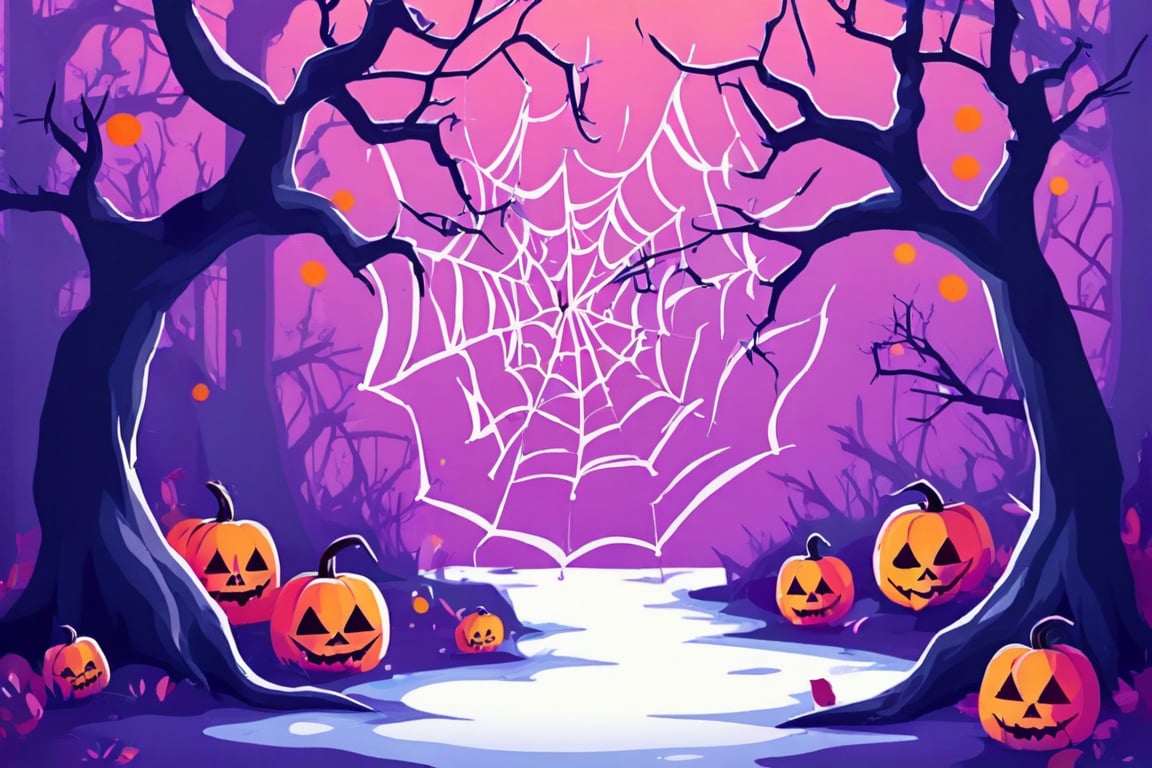 Flat art , 6 colors. Heavy line weight. Illustration scene  of a Halloween themed  environment. Simplistic.  Minimalistic.  Cute image. Sfw, pumpkins. Spider webs. Halloween  color palette. Vibrant color. ( big white Spider web between some of the trees ) no shading . No highlights . Flat art