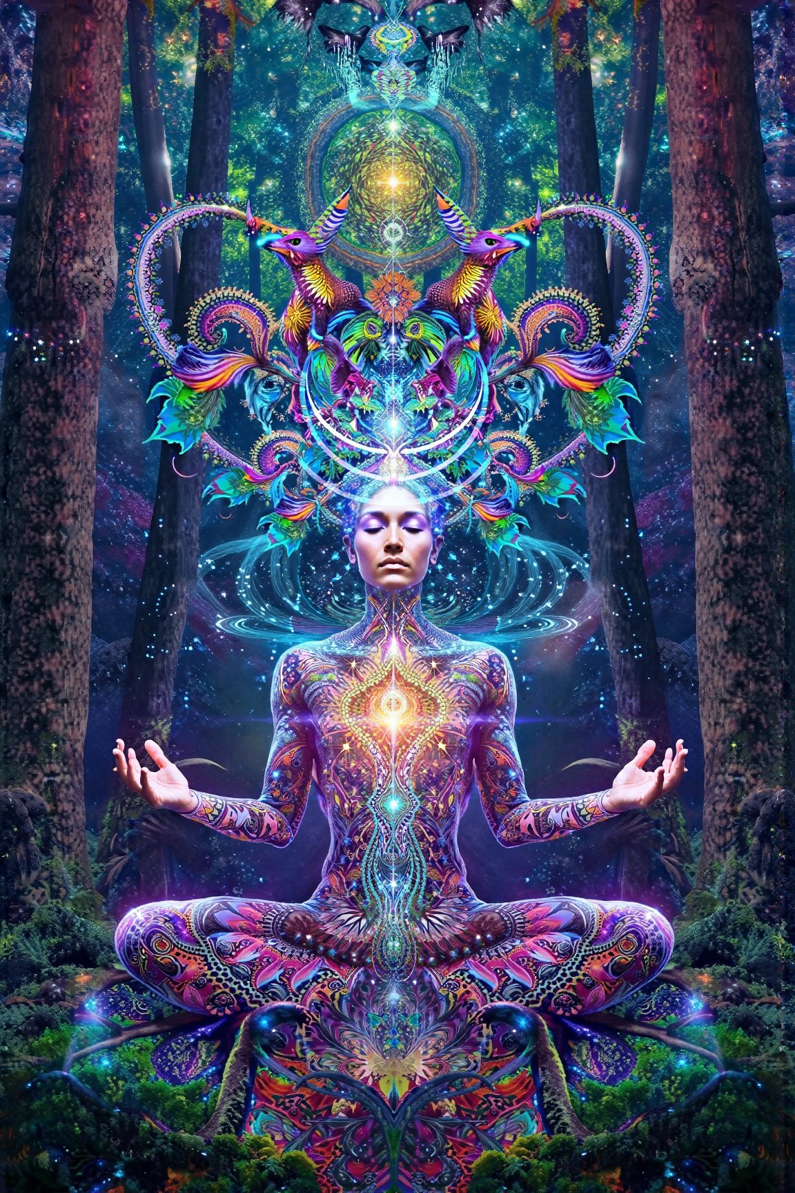 this person sits in a forest and transcends their ego mind and opens up to the spirit realm surrounding them. human in meditation, fractals, vivid color, "Visionary art is art that purports to transcend the physical world and portray a wider vision of awareness including spiritual or mystical themes, or is based in such experiences." , psychedelic visionary art ,animal spirits, ,spirits,spirit guides, , . Shamanic visions , ayahuasca visions . Spirit realm, metaphysical realm, esoteric,style, full body human,medium shot, perfect anatomy , psychedelic landscape surrounding the person , (masterpiece, best quality, ultra-detailed), (perfect hands, perfect anatomy), High detailed, detailed background, anatomically correct, beautiful face, detailed hands, perfect eyes, expressive eyes, score_9, score_8_up, score_7_up, best quality, masterpiece, 4k,visionary art,ULTIMATE LOGO MAKER [XL],bl4ckl1ghtxl