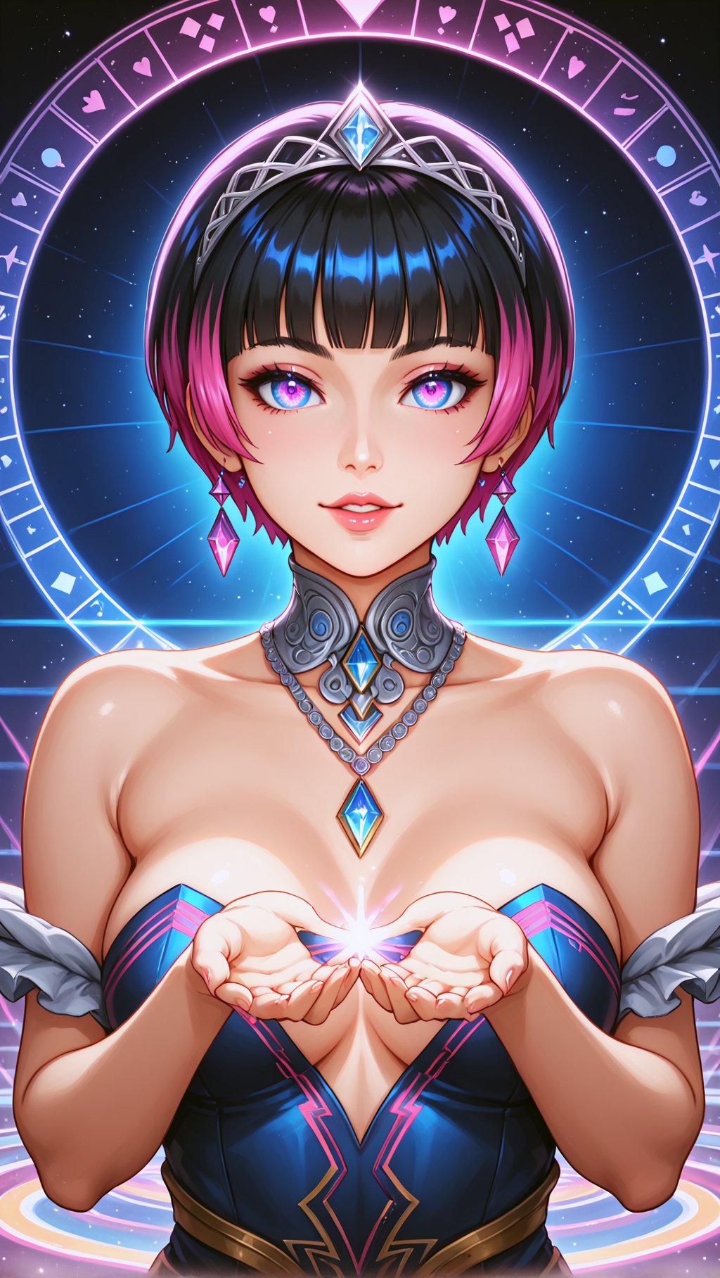 Ancient Elegant astral Goddess of love and magic by Anna Dittmann,and  android jones. Vibrant, visionary art, visionary art,hyper detailed,short pixie hair,short hair, pixie haircut, beautiful intricate detailed garment design,elegant headpiece, perfected facial detail, medium shot, strait forward pose, looking directly into viewer,  detailed eyes, natural lighting, epic composition, dynamic image, with feeling of desire and Majesty, uv color highlights, uv highlights colors, symmetrical image .center composition.symmetrical,over layers of sacred geometry, energy ribbons, psychedelic elements,Geometric Halftone,geometric patterns, sacred geometry,magical energy,visionary,Psychedelic, HDR,HD,sharp focus, ultra detail,high detail, dynamic, epic composition, visionary art ,,uv highlights,neon edges, high detail, ,sharp focus,   hd, rich tones (perfect hands, perfect anatomy), High detailed, detailed background, anatomically correct,
 . Spirit realm, metaphysical realm, esoteric,style , psychedelic landscape  , (masterpiece, best quality, ultra-detailed), (perfect hands, perfect anatomy), High detailed, detailed background, anatomically correct , beautiful face, detailed hands, perfect eyes, expressive eyes, score_9, score_8_up, score_7_up, best quality, masterpiece, 4k,visionary art,ULTIMATE LOGO MAKER [XL],bl4ckl1ghtxl,dd4ught3r,Sexy Girl score_9_up,extremely detailed,concept,Sexy Girl