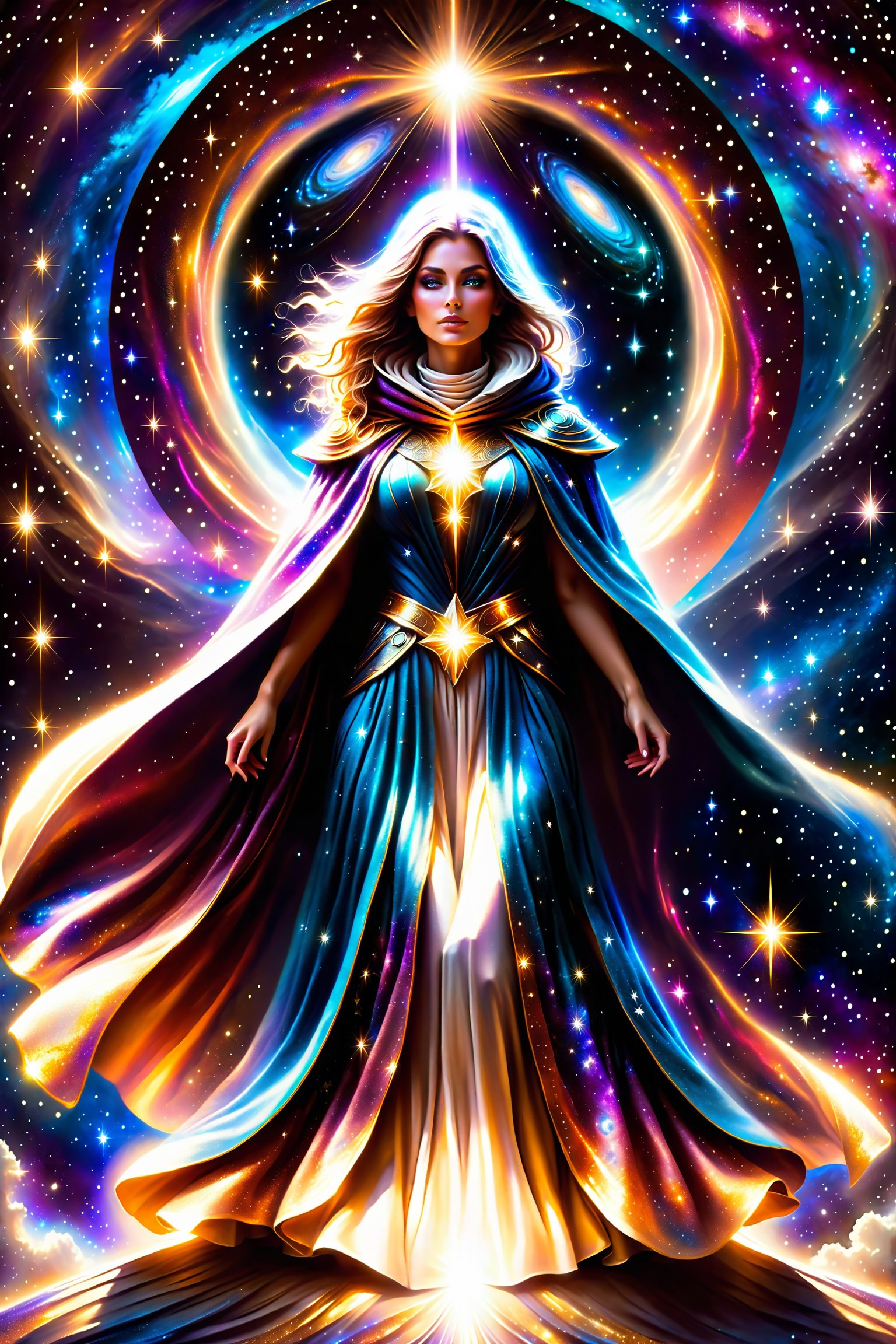 a female space angel shrouded in cloak of light and stars,galaxy,space,portals,light being,stars,enchanted,fantasy,visionary art