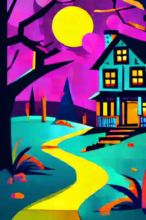 Flat art , 6 colors. Heavy line weight. Illustration scene  of a Halloween village  environment. 