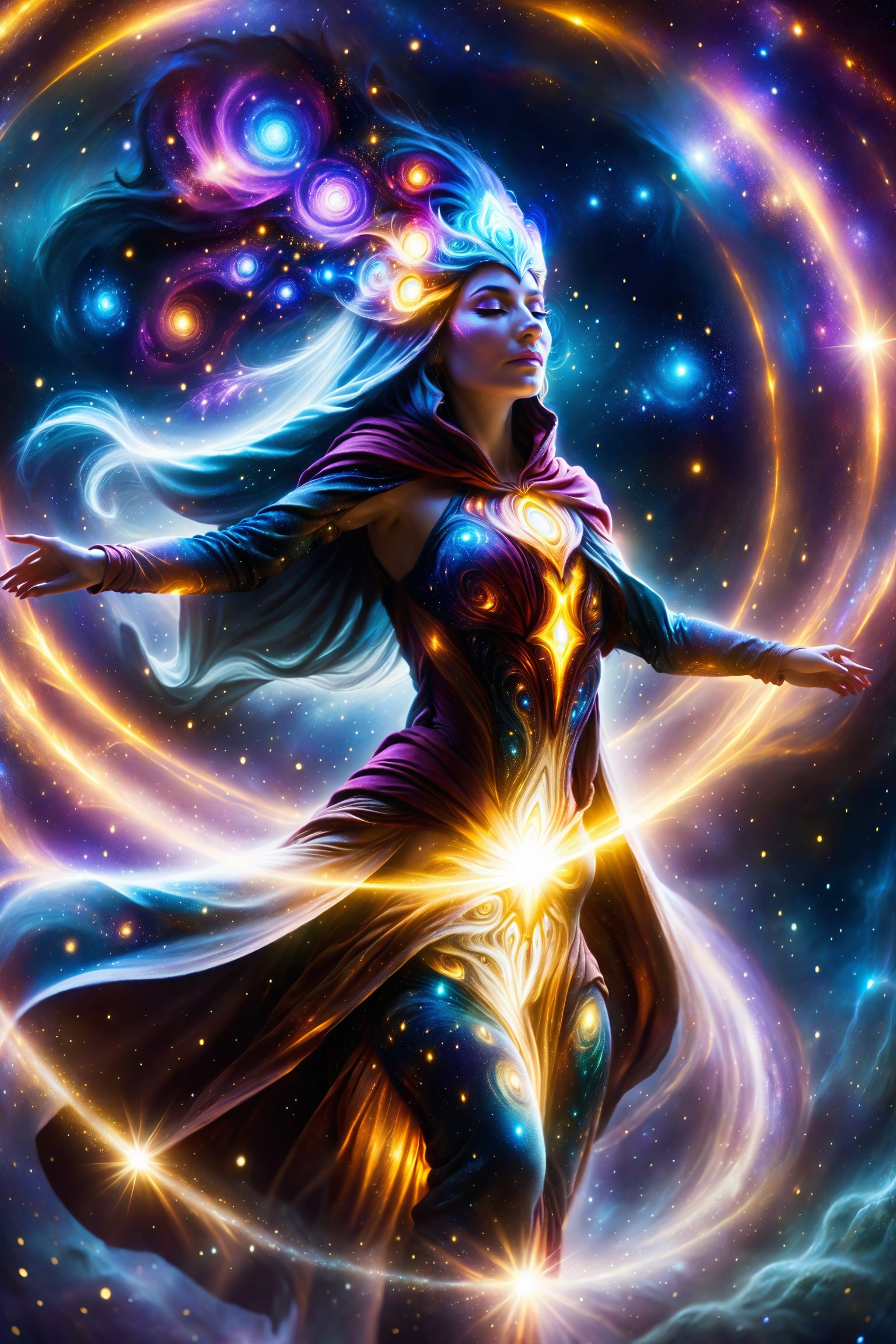 a female space shaman shrouded in cloak of light and stars,galaxy,space,portals,light being,stars,enchanted,fantasy,visionary art