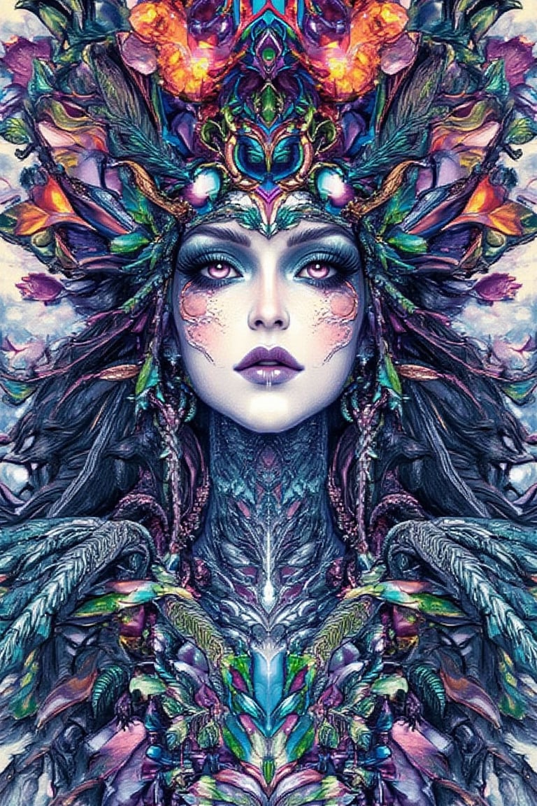 visionary art ,pen art,Dark Dramatic Ancient Elegant dark Goddess of the night and halloween, woman seen from the waist up, by Anna Dittmann and android jones,perfectly symmetrical image,Vibrant, In Watercolour,pen art, visionary art, symmetrical, beautiful detailed eyes (masterpiece, best quality, ultra-detailed), (perfect anatomy), High detailed, detailed background, anatomically correct, beautiful face, detailed hands, perfect eyes, expressive eyes, score_9, score_8_up, score_7_up, best quality, masterpiece, 4k,ULTIMATE LOGO MAKER [XL],DonMB4nsh33XL ,vivid colors,neon highlights