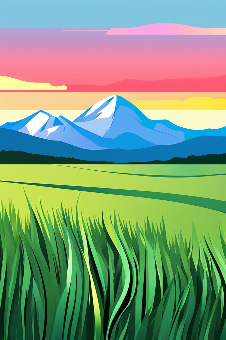 Flat art , 6 colors. Heavy line weight. Illustration scene  of a grassland with mountains in the distance environment. Simplistic.  Minimalistic.  Vibrant color.  no shading . No highlights . Flat art