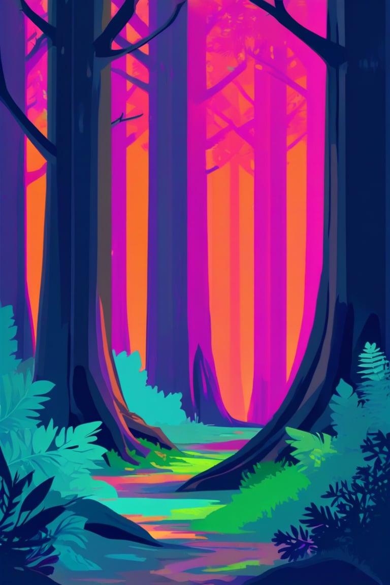 Flat art , 6 colors. Heavy line weight. Illustration scene  of a old growth forest  environment. Simplistic.  Minimalistic.    Vibrant color.  no shading . No highlights . Flat art