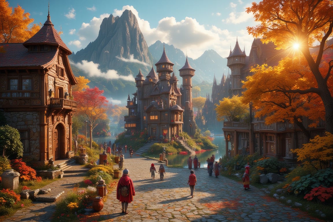  Beautiful Elven university and storybook cottages and shops  in a Fantasy Elven Village in autumn , mountains and waterfalls in the distance,Cobblestone road,atmospheric sun rays, gnomes elf villagers walking around,Trees, Hyperdetailed, colourful, digital Concept art, done on procreate,lightroom, Renaissance architecture, Lovely, Picturesque, Art by Eddie Mendoza, Studio Ghibli, Geometric Jean-baptiste Monge, Ivan Shishkin, Jordan Grimmer, An Jung-Hwan, yoann lossel, marc simonetti, HD, 8k,