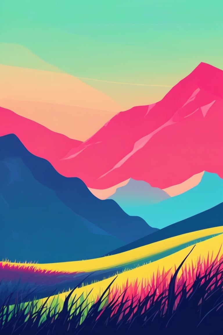 Flat art , 6 colors. Heavy line weight. Illustration scene  of a grassland with mountains in the distance environment. Simplistic.  Minimalistic.   Spider webs. Vibrant color.  no shading . No highlights . Flat art