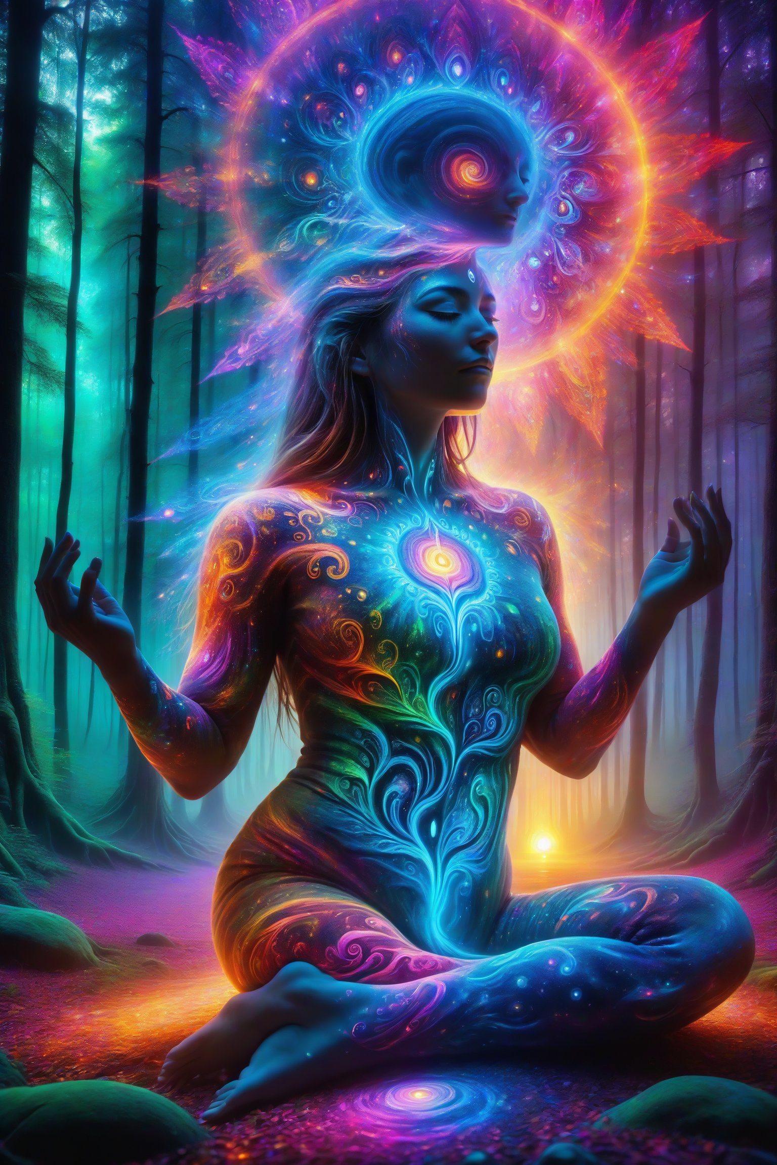 this person sits in a forest and transcends their ego mind and opens up to the spirit realm surrounding them. human in meditation, fractals, vivid color, "Visionary art is art that purports to transcend the physical world and portray a wider vision of awareness including spiritual or mystical themes, or is based in such experiences." , psychedelic visionary art ,animal spirits, ,spirits,spirit guides, , . Shamanic visions , ayahuasca visions . Spirit realm, metaphysical realm, esoteric,style, full body human,medium shot, perfect anatomy , psychedelic landscape surrounding the person , (masterpiece, best quality, ultra-detailed), (perfect hands, perfect anatomy), High detailed, detailed background, anatomically correct, beautiful face, detailed hands, perfect eyes, expressive eyes, score_9, score_8_up, score_7_up, best quality, masterpiece, 4k,visionary art,ULTIMATE LOGO MAKER [XL],bl4ckl1ghtxl