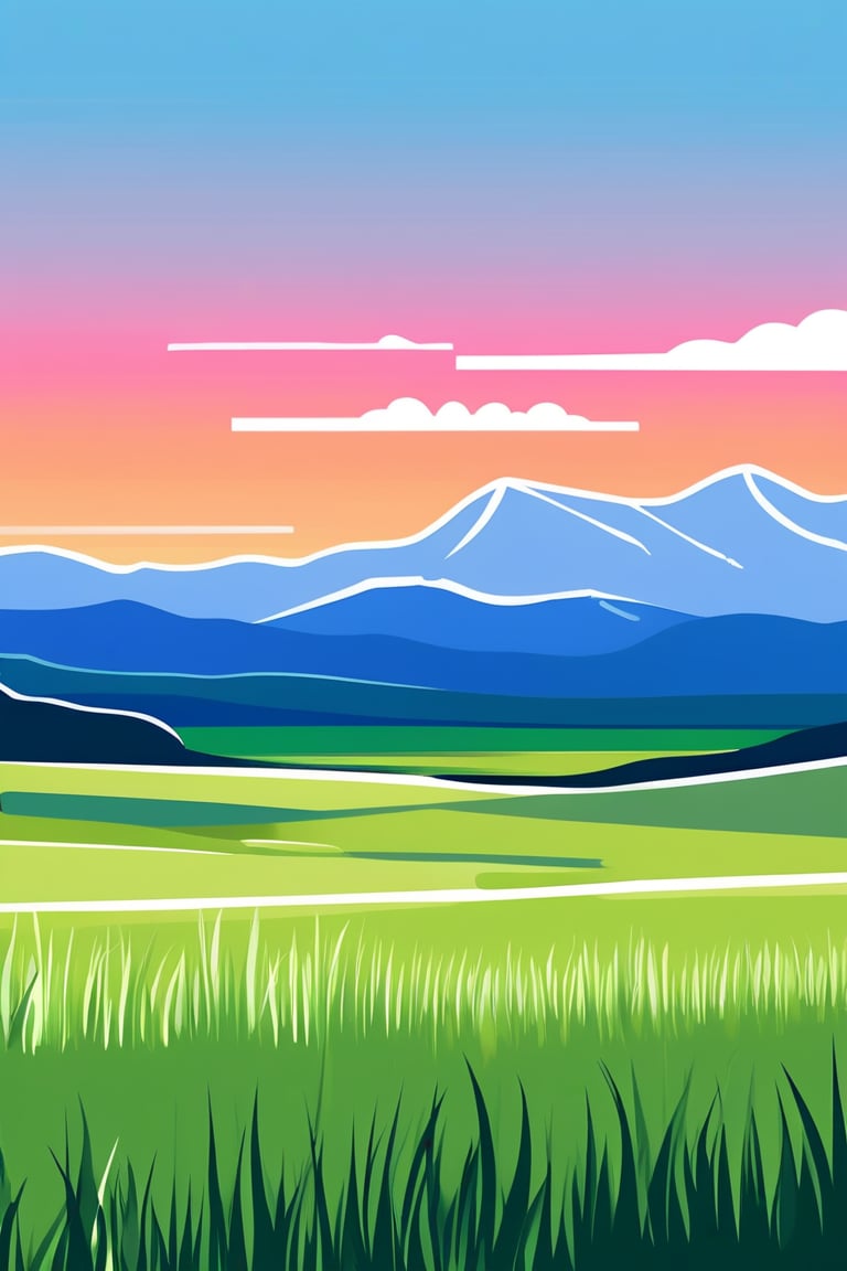 Flat art , 6 colors. Heavy line weight. Illustration scene  of a grassland with mountains in the distance environment. Simplistic.  Minimalistic.  Vibrant color.  no shading . No highlights . Flat art