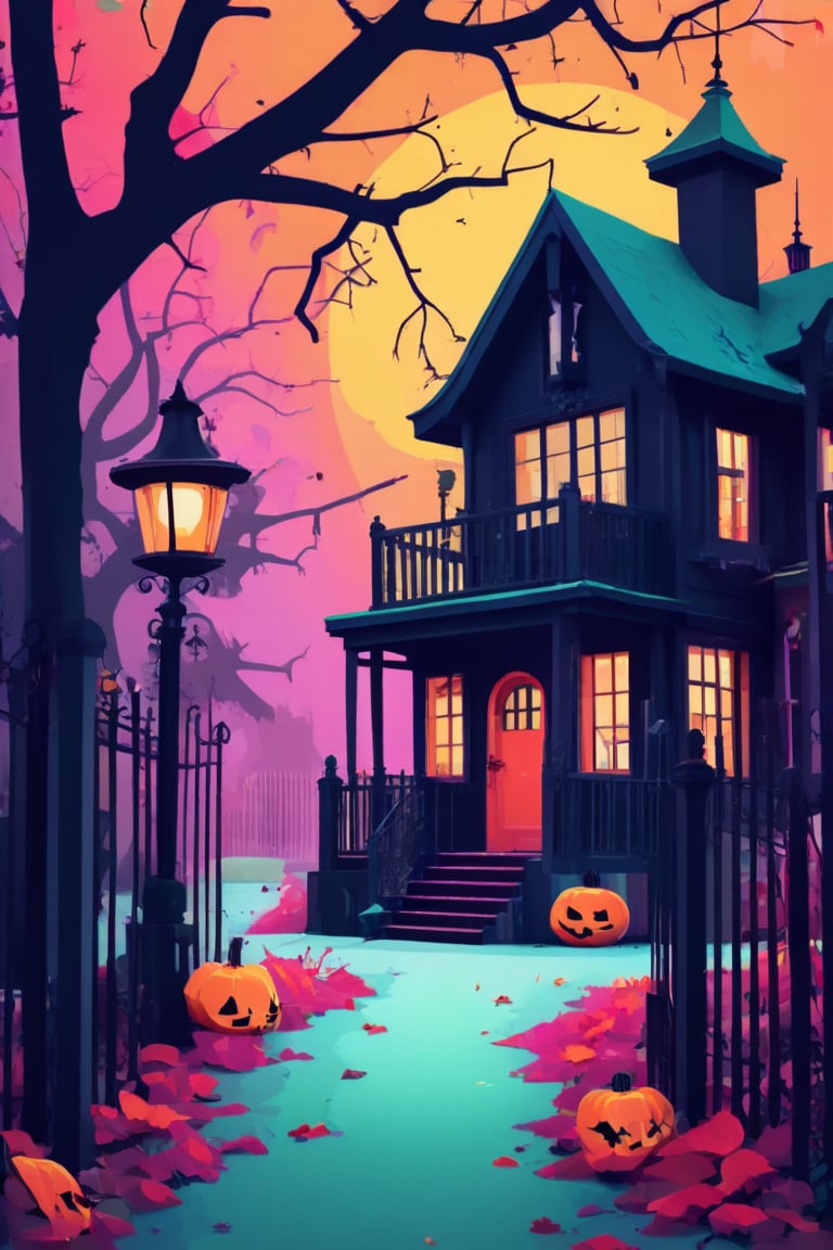 Flat art , 6 colors. Heavy line weight. Illustration scene  of a Halloween village  environment. Simplistic.  Minimalistic.  Cute image. Sfw, pumpkins. Spider webs. Halloween  color palette. Vibrant color. (Spider webs between some of the trees )