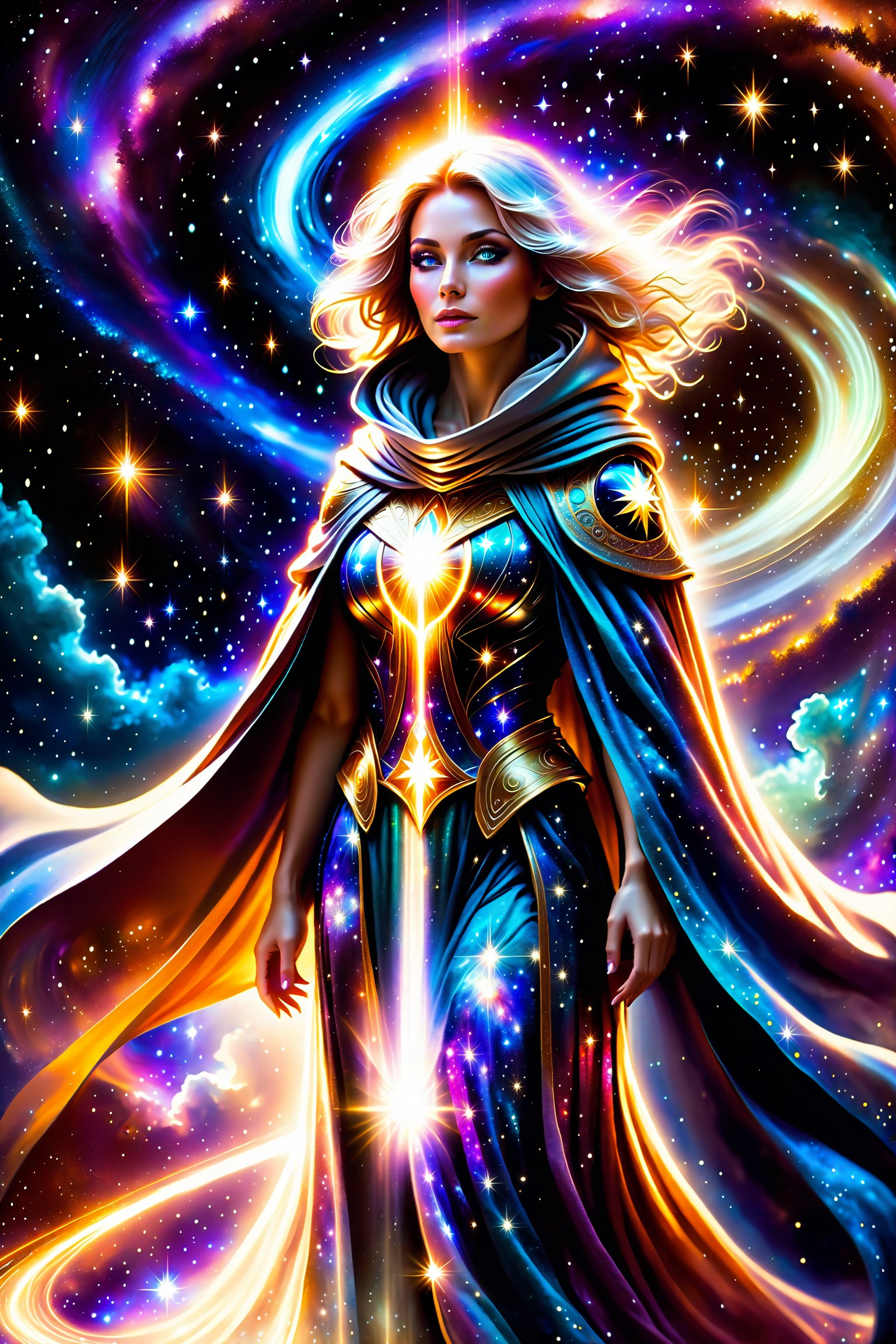 a female space angel shrouded in cloak of light and stars,galaxy,space,portals,light being,stars,enchanted,fantasy,visionary art