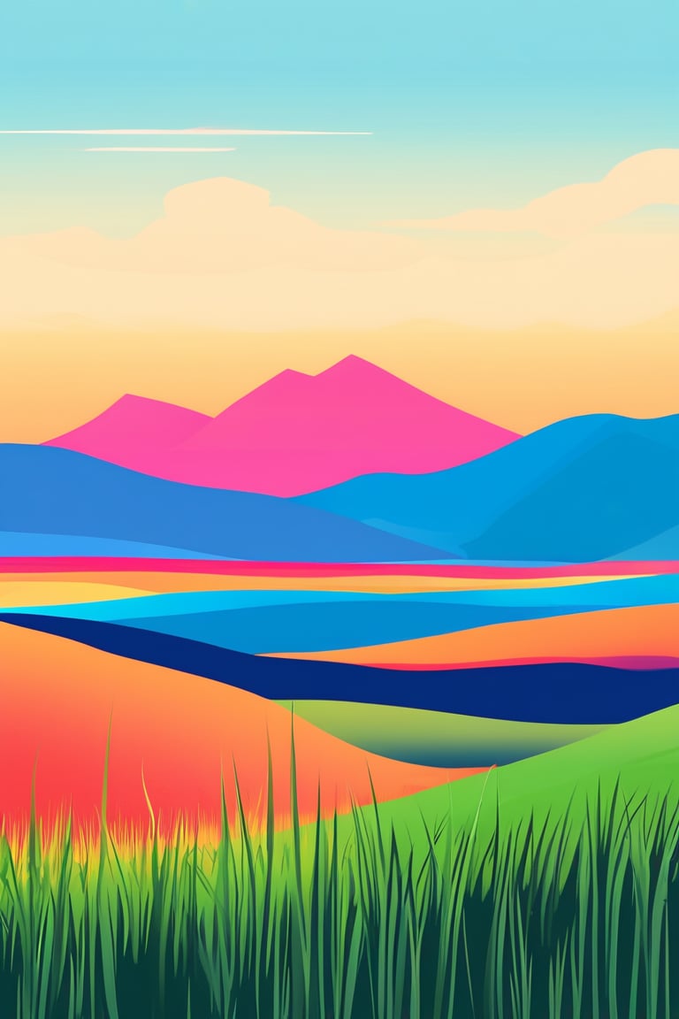 Flat art , 6 colors. Heavy line weight. Illustration scene  of a grassland with mountains in the distance environment. Simplistic.  Minimalistic.  Vibrant color.  no shading . No highlights . Flat art