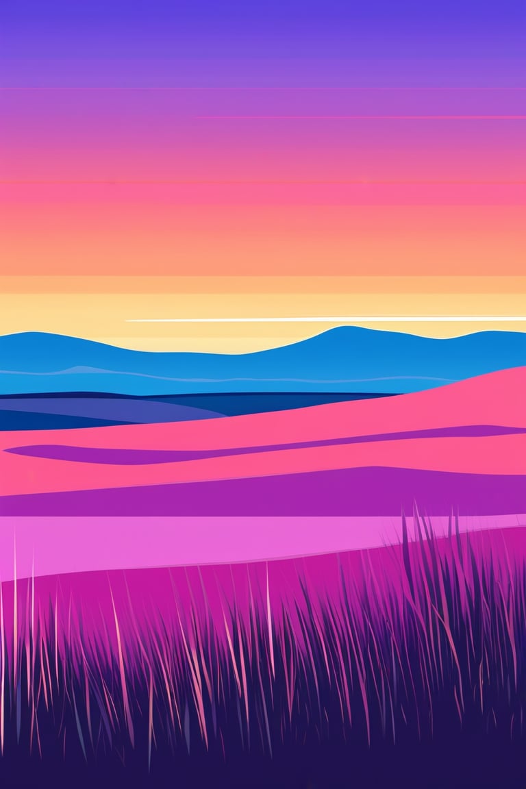 Flat art , 6 colors. Heavy line weight. Illustration scene  of a grassland with mountains in the distance environment. Simplistic.  Minimalistic.  Vibrant color.  no shading . No highlights . Flat art