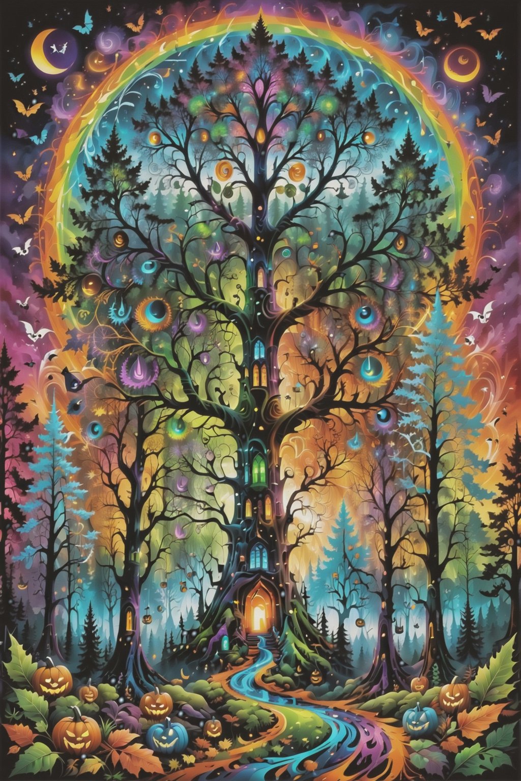 a forest of transcendence that opens up to the surroundings breaking down physical reality into the spirit realm . , fractals, vivid color, 
 . Spirit realm, metaphysical realm, esoteric,style , psychedelic landscape  , (masterpiece, best quality, ultra-detailed), (perfect hands, perfect anatomy), High detailed, detailed background, anatomically correct, , score_9, score_8_up, score_7_up, best quality, masterpiece, 4k,visionary art,ULTIMATE LOGO MAKER [XL],bl4ckl1ghtxl,dd4ught3r,Halloween