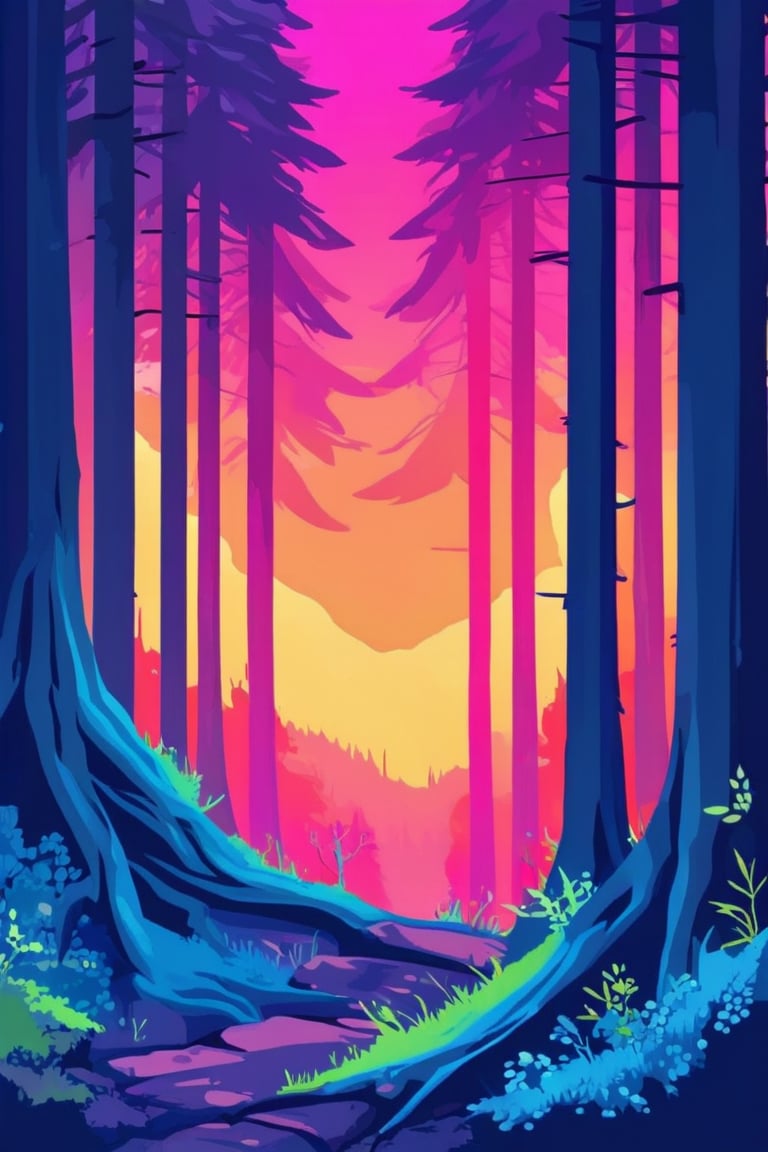 Flat art , 6 colors. Heavy line weight. Illustration scene  of a old growth forest  environment. Simplistic.  Minimalistic.    Vibrant color.  no shading . No highlights . Flat art