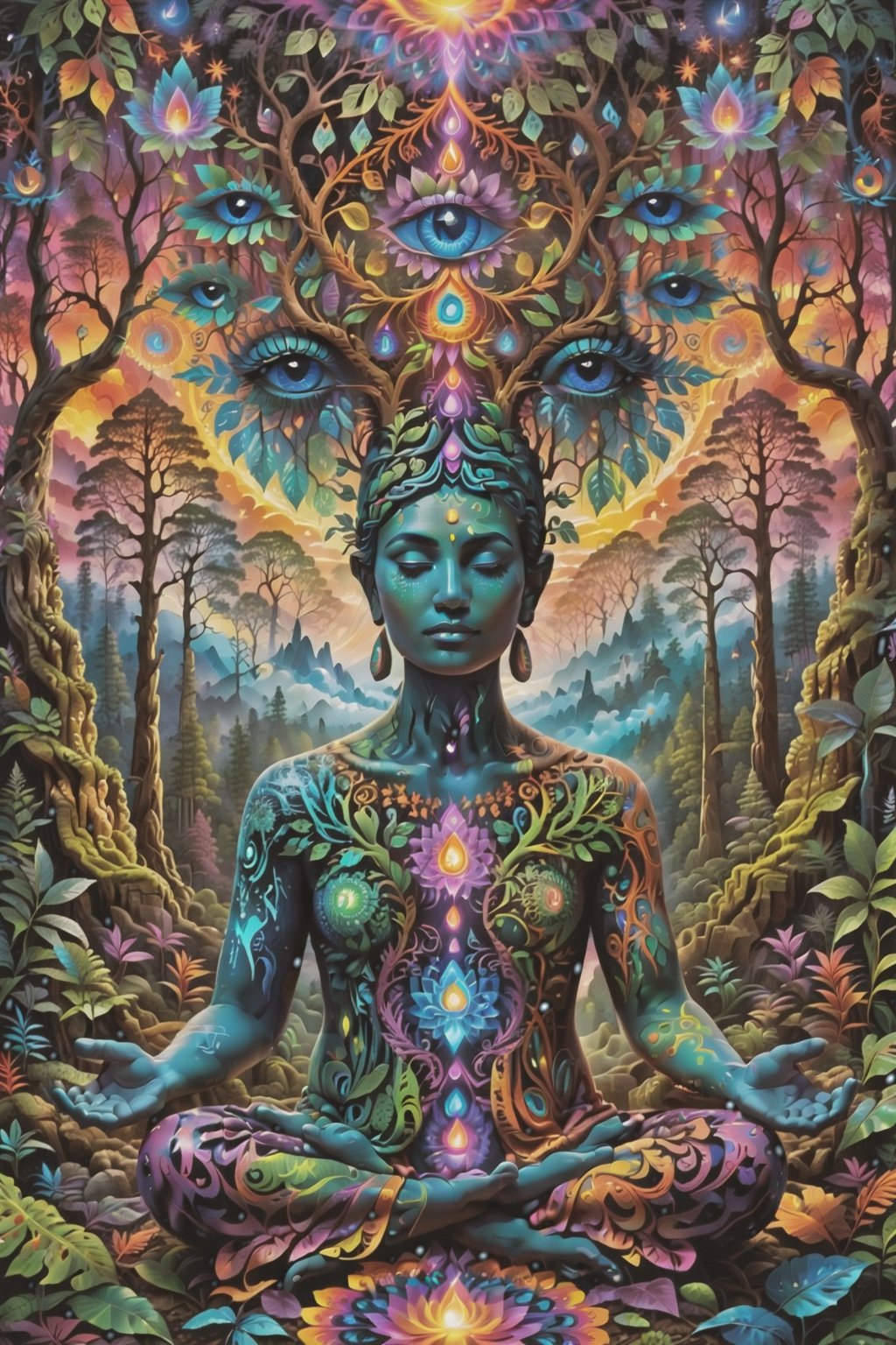 this person sits in a forest and transcends their ego mind and opens up to the spirit realm surrounding them. human in meditation, fractals, vivid color, 
"Visionary art is art that purports to transcend the physical world and portray a wider vision of awareness including spiritual or mystical themes, or is based in such experiences." , psychedelic visionary art ,animal spirits, ,spirits,spirit guides, , . Shamanic visions , ayahuasca visions . Spirit realm, metaphysical realm, esoteric,style, full body human,medium shot, perfect anatomy , psychedelic landscape surrounding the person , (masterpiece, best quality, ultra-detailed), (perfect hands, perfect anatomy), High detailed, detailed background, anatomically correct, beautiful face, detailed hands, perfect eyes, expressive eyes, score_9, score_8_up, score_7_up, best quality, masterpiece, 4k,visionary art,ULTIMATE LOGO MAKER [XL],bl4ckl1ghtxl