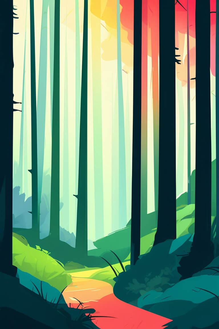 Flat art , 6 colors. Heavy line weight. Illustration scene of a old growth forest environment. Simplistic. Minimalistic. Spider webs. Vibrant color. no shading . No highlights . Flat art