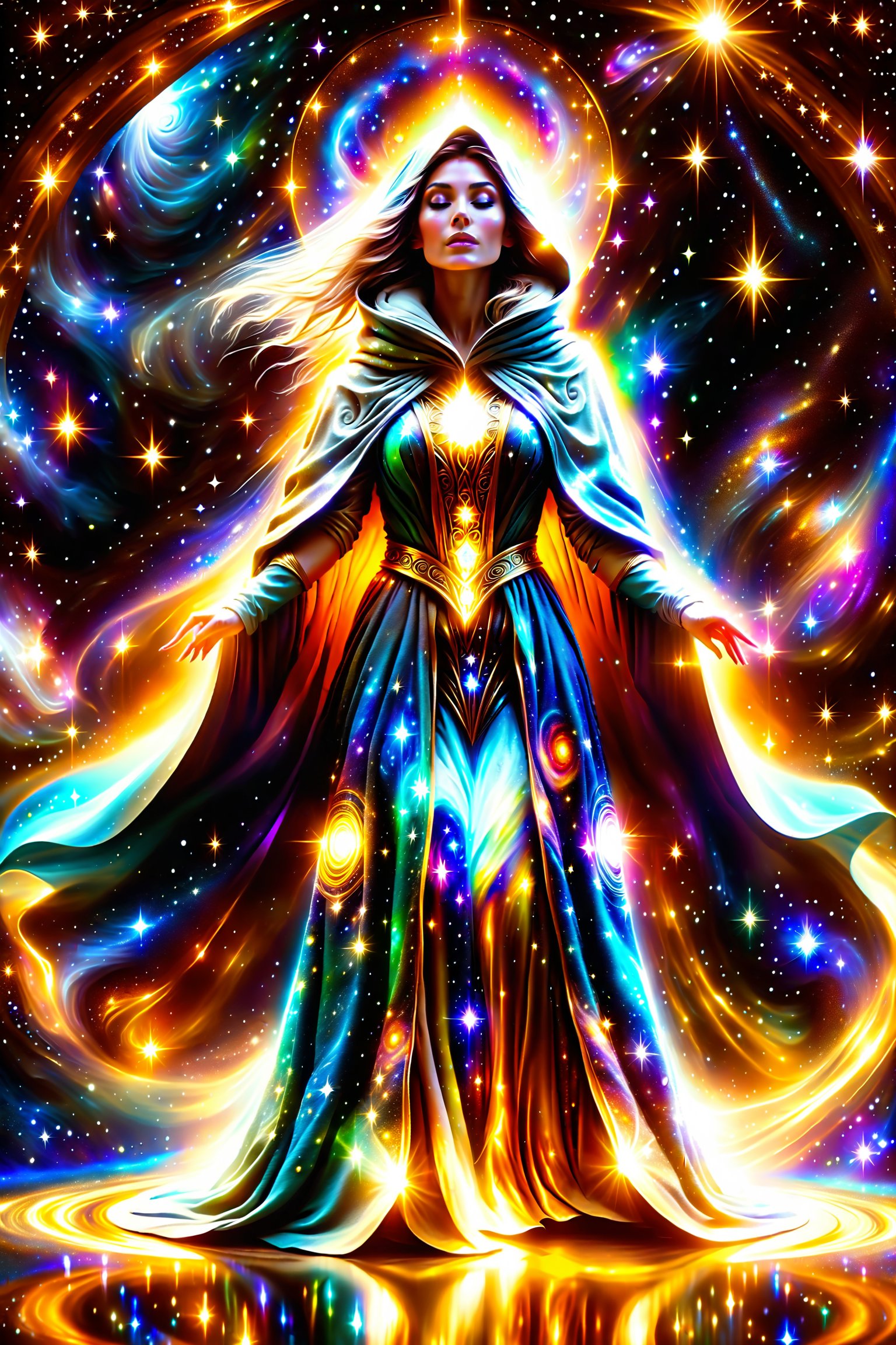 a female space shaman shrouded in cloak of light and stars,galaxy,space,portals,light being,stars,enchanted,fantasy,visionary art