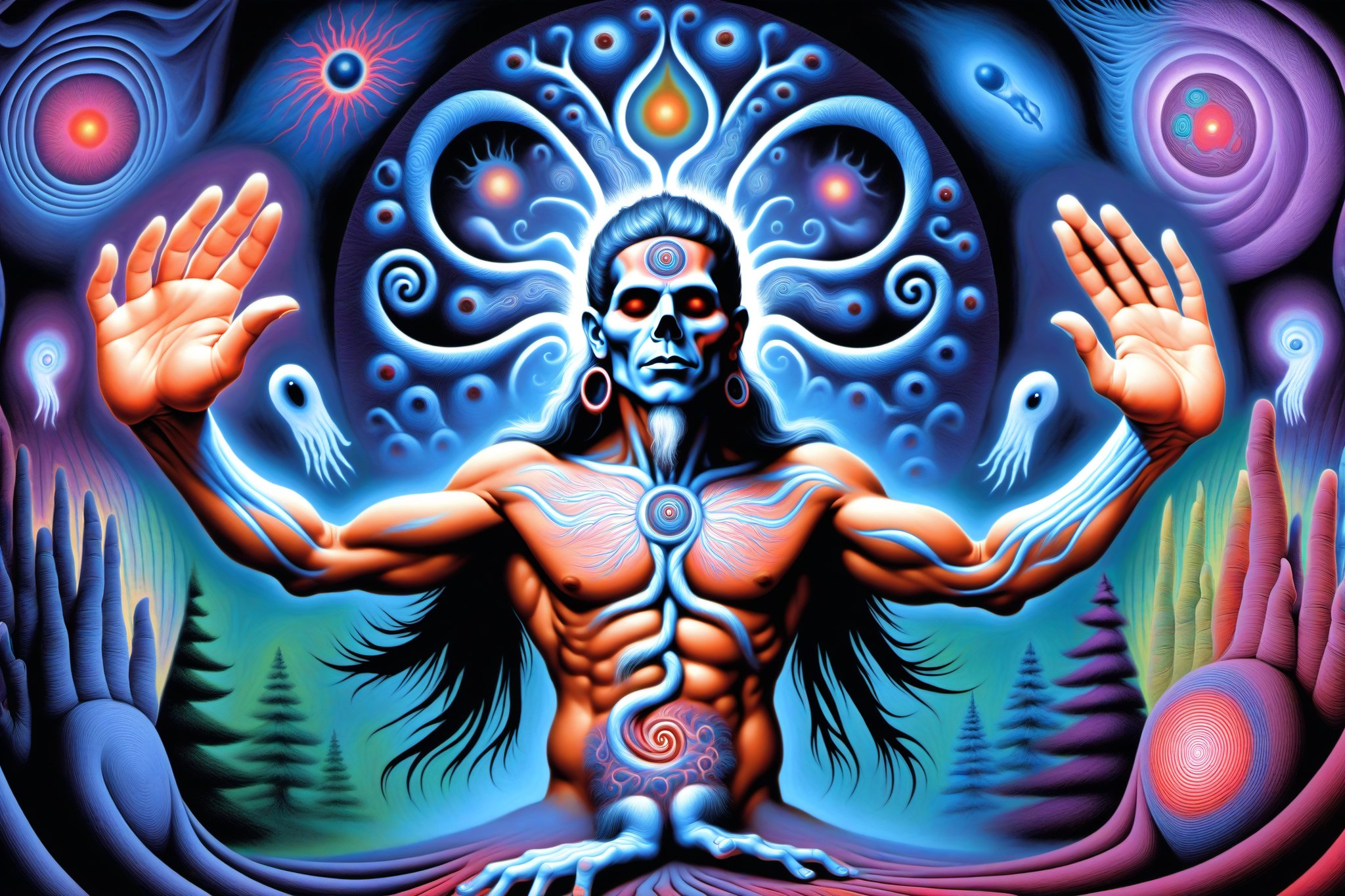  a shman communes with the spirit realm , psychedelic visionary art , ghosts,spirits,spirit guides, shaman visions, . Shamanic visions , ayahuasca visions . Spirit realm, metaphysical realm, esoteric,style,  (masterpiece, best quality, ultra-detailed), (perfect hands, perfect anatomy), High detailed, detailed background, anatomically correct,  beautiful face, perfect eyes, 