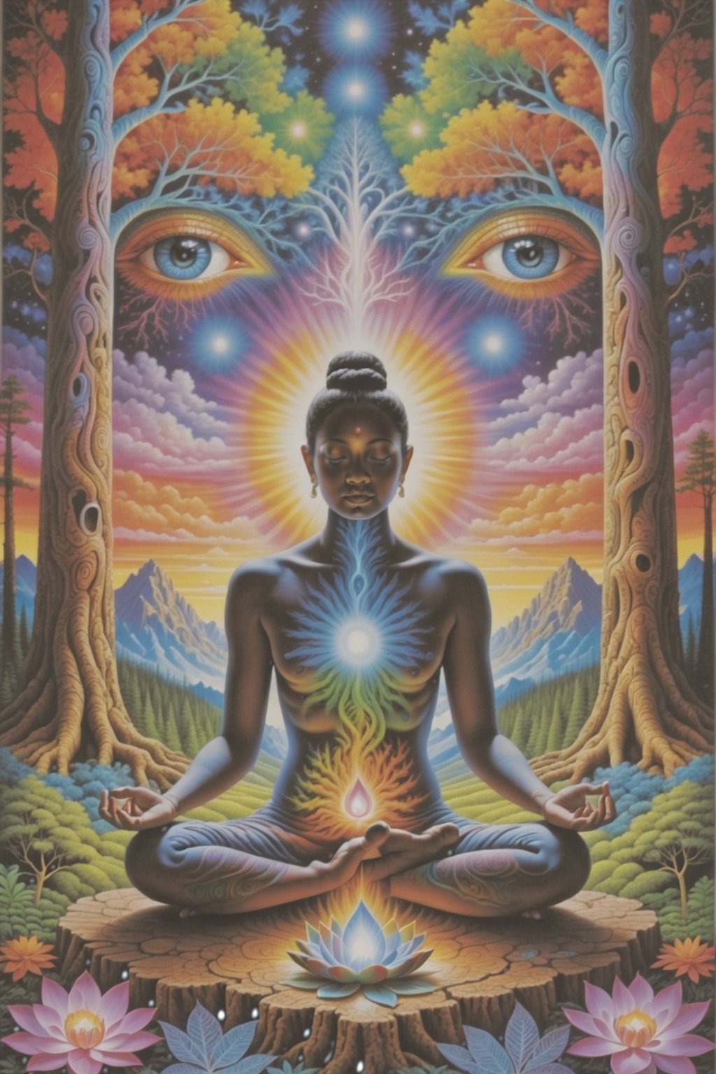 this person sits in a forest and transcends their ego mind and opens up to the spirit realm surrounding them. human in meditation, fractals, vivid color, 
"Visionary art is art that purports to transcend the physical world and portray a wider vision of awareness including spiritual or mystical themes, or is based in such experiences." , psychedelic visionary art ,animal spirits, ,spirits,spirit guides, , . Shamanic visions , ayahuasca visions . Spirit realm, metaphysical realm, esoteric,style, full body human,medium shot, perfect anatomy , psychedelic landscape surrounding the person , (masterpiece, best quality, ultra-detailed), (perfect hands, perfect anatomy), High detailed, detailed background, anatomically correct, beautiful face, detailed hands, perfect eyes, expressive eyes, score_9, score_8_up, score_7_up, best quality, masterpiece, 4k,visionary art