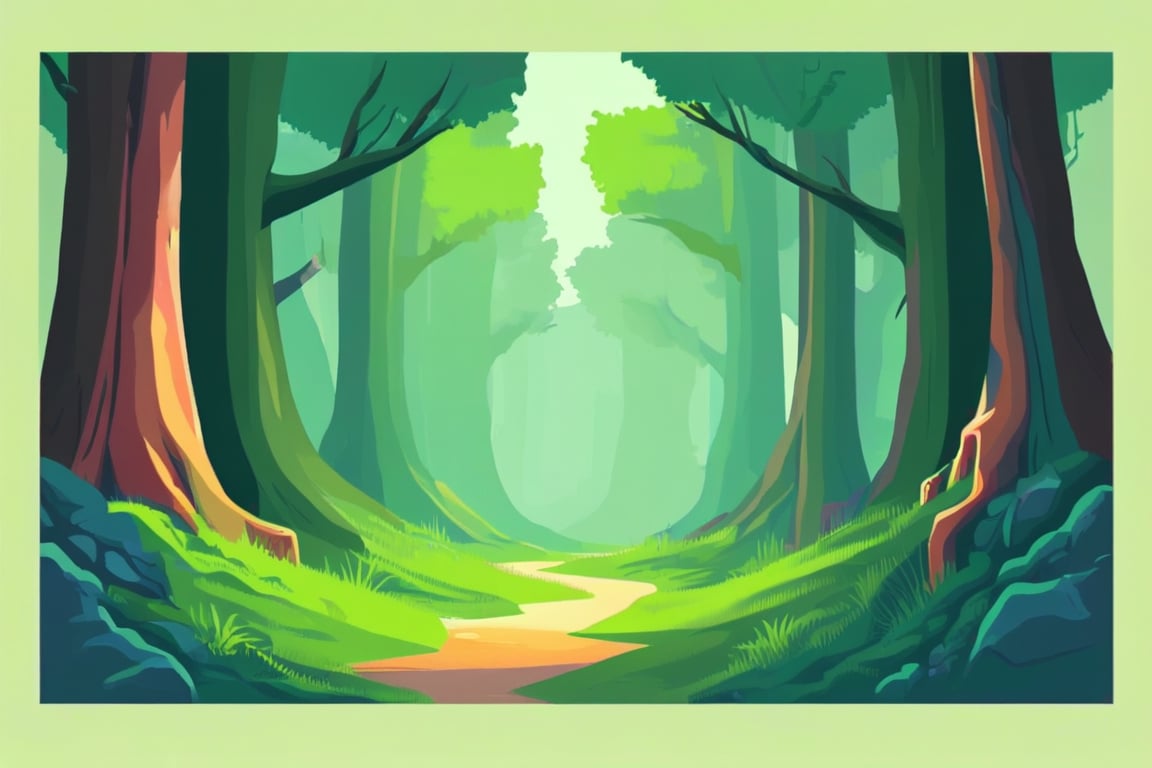 Flat art , 6 colors. Heavy line weight. Illustration scene  of a old growth forest  environment. Simplistic.  Minimalistic.    Vibrant color.  no shading . No highlights . Flat art