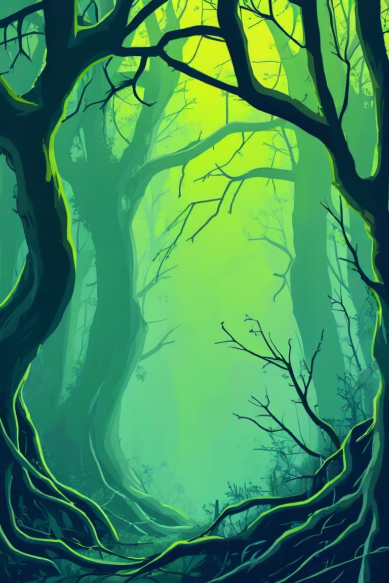 Flat art , 6 colors. Heavy line weight. Illustration scene  of a old growth forest  environment. Simplistic.  Minimalistic.   Spider webs. Vibrant color.  no shading . No highlights . Flat art