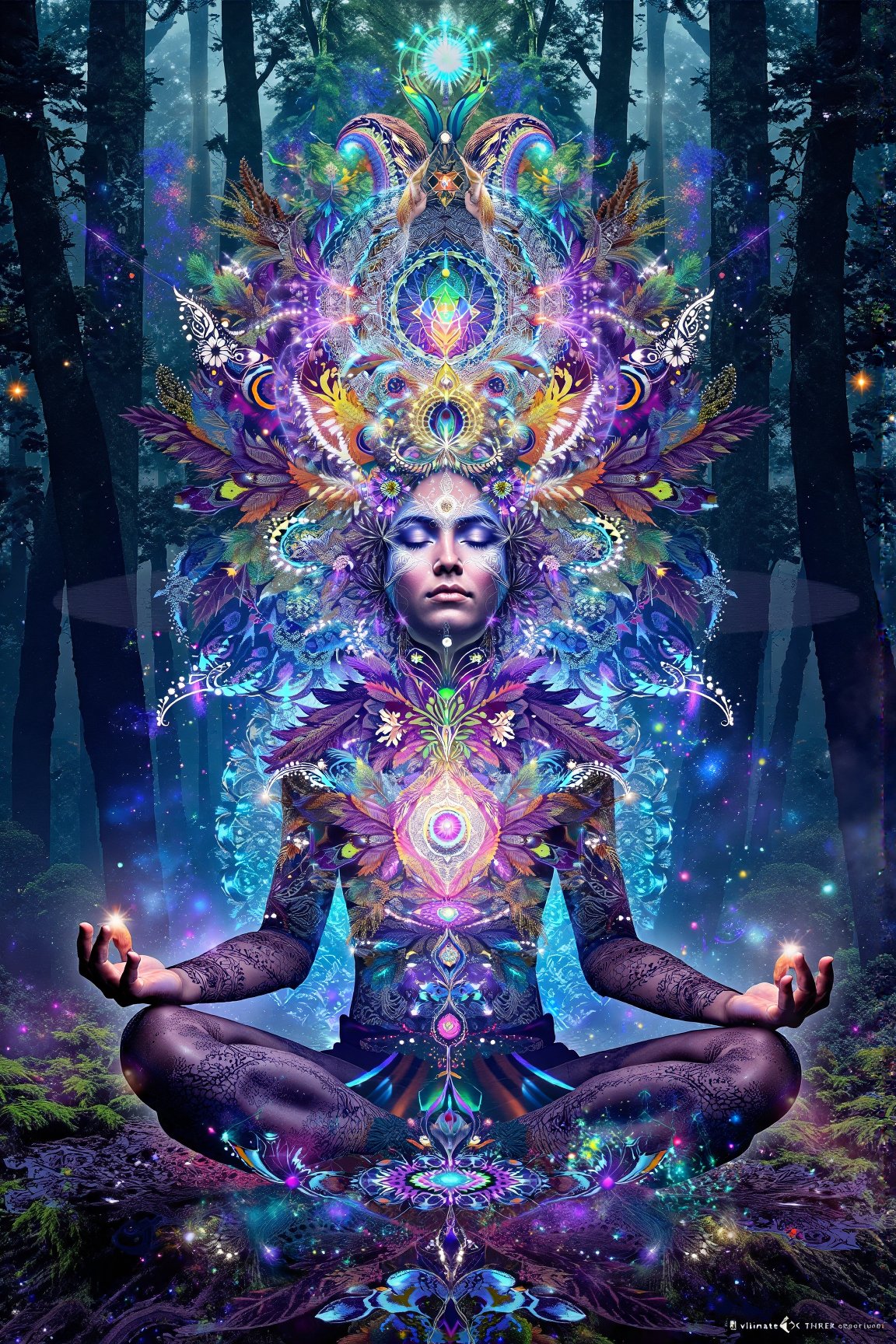 this person sits in a forest and transcends their ego mind and opens up to the spirit realm surrounding them. human in meditation, fractals, vivid color, "Visionary art is art that purports to transcend the physical world and portray a wider vision of awareness including spiritual or mystical themes, or is based in such experiences." , psychedelic visionary art ,animal spirits, ,spirits,spirit guides, , . Shamanic visions , ayahuasca visions . Spirit realm, metaphysical realm, esoteric,style, full body human,medium shot, perfect anatomy , psychedelic landscape surrounding the person , (masterpiece, best quality, ultra-detailed), (perfect hands, perfect anatomy), High detailed, detailed background, anatomically correct, beautiful face, detailed hands, perfect eyes, expressive eyes, score_9, score_8_up, score_7_up, best quality, masterpiece, 4k,visionary art,ULTIMATE LOGO MAKER [XL],bl4ckl1ghtxl